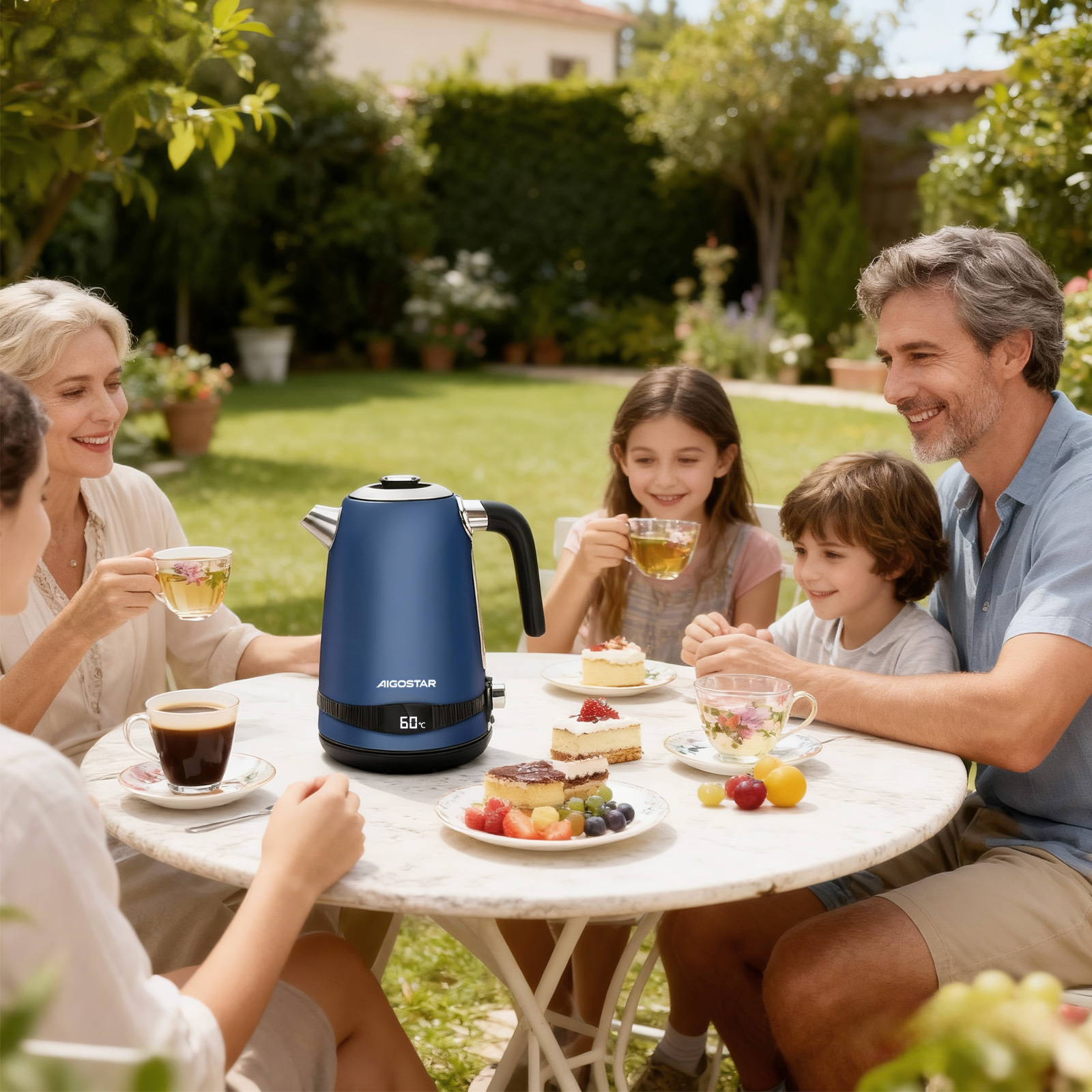 Familie genießt Kuchen und Tee im Garten mit blauem Wasserkocher auf dem Tisch.