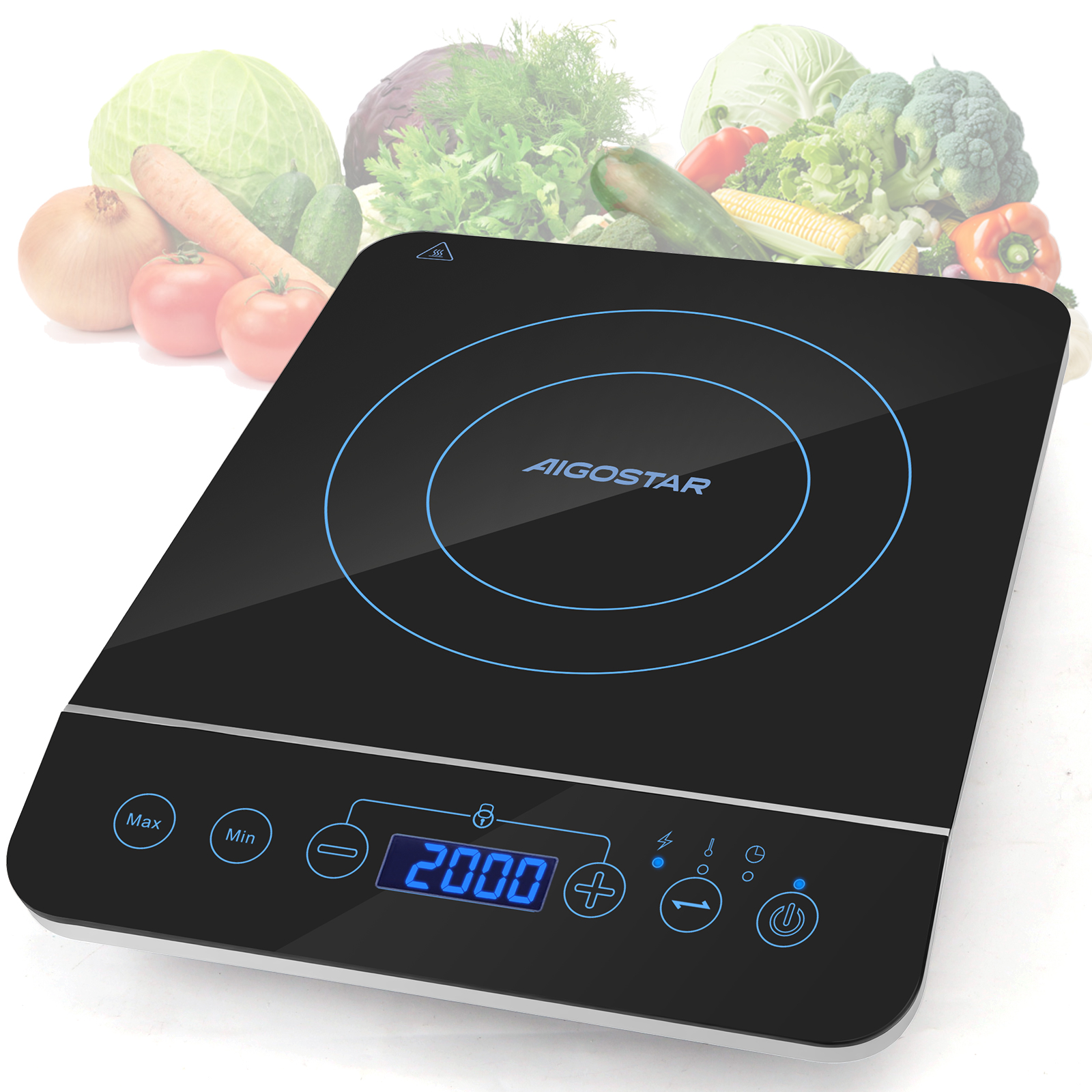 Schwarzer Induktionskocher mit digitalen Bedienelementen und Gemüse im Hintergrund.