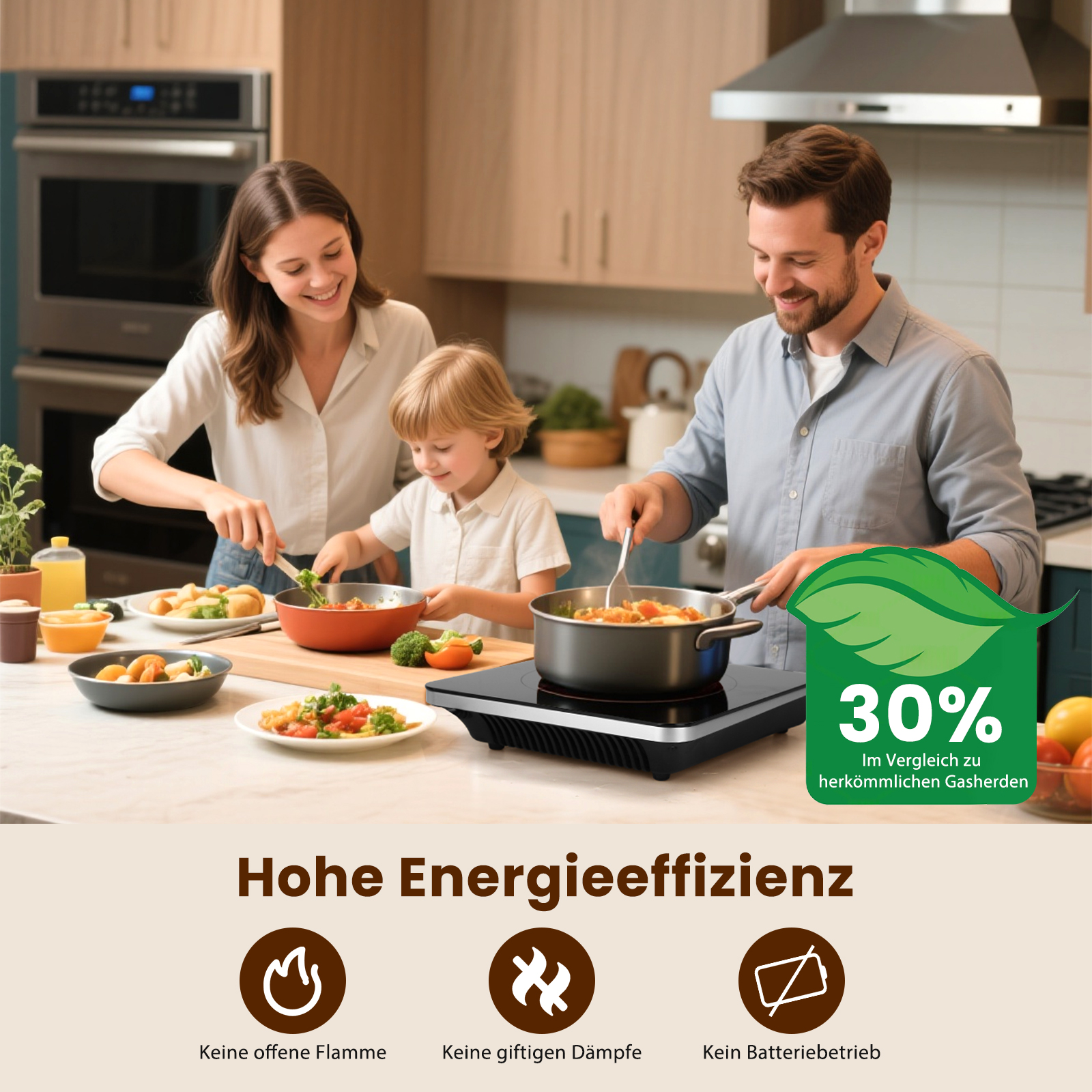 Familie kocht in der Küche, Induktionskochfeld spart 30% Energie.