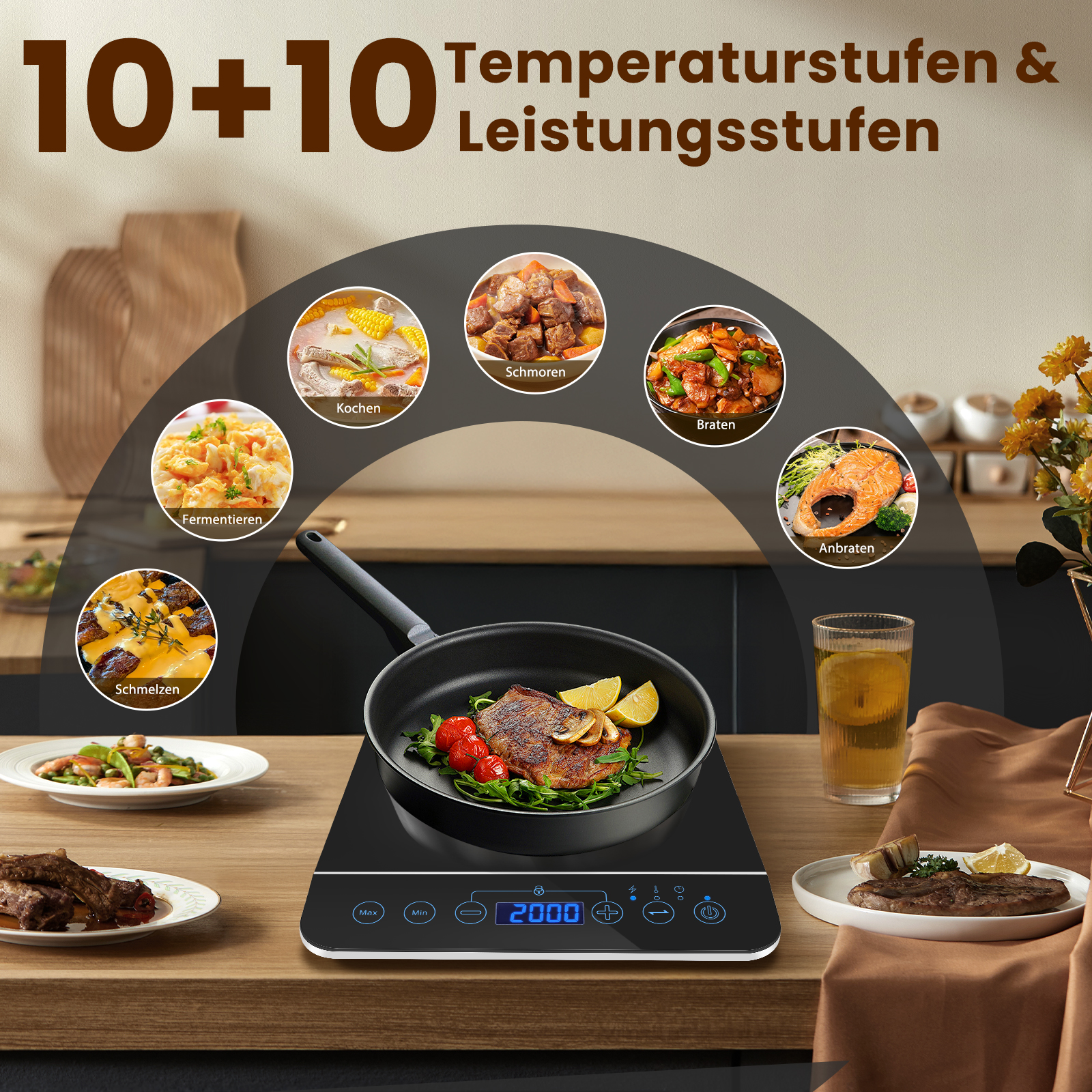 Ein Induktionskochfeld mit Speisen und Text 10+10 Temperatur- und Leistungsstufen.
