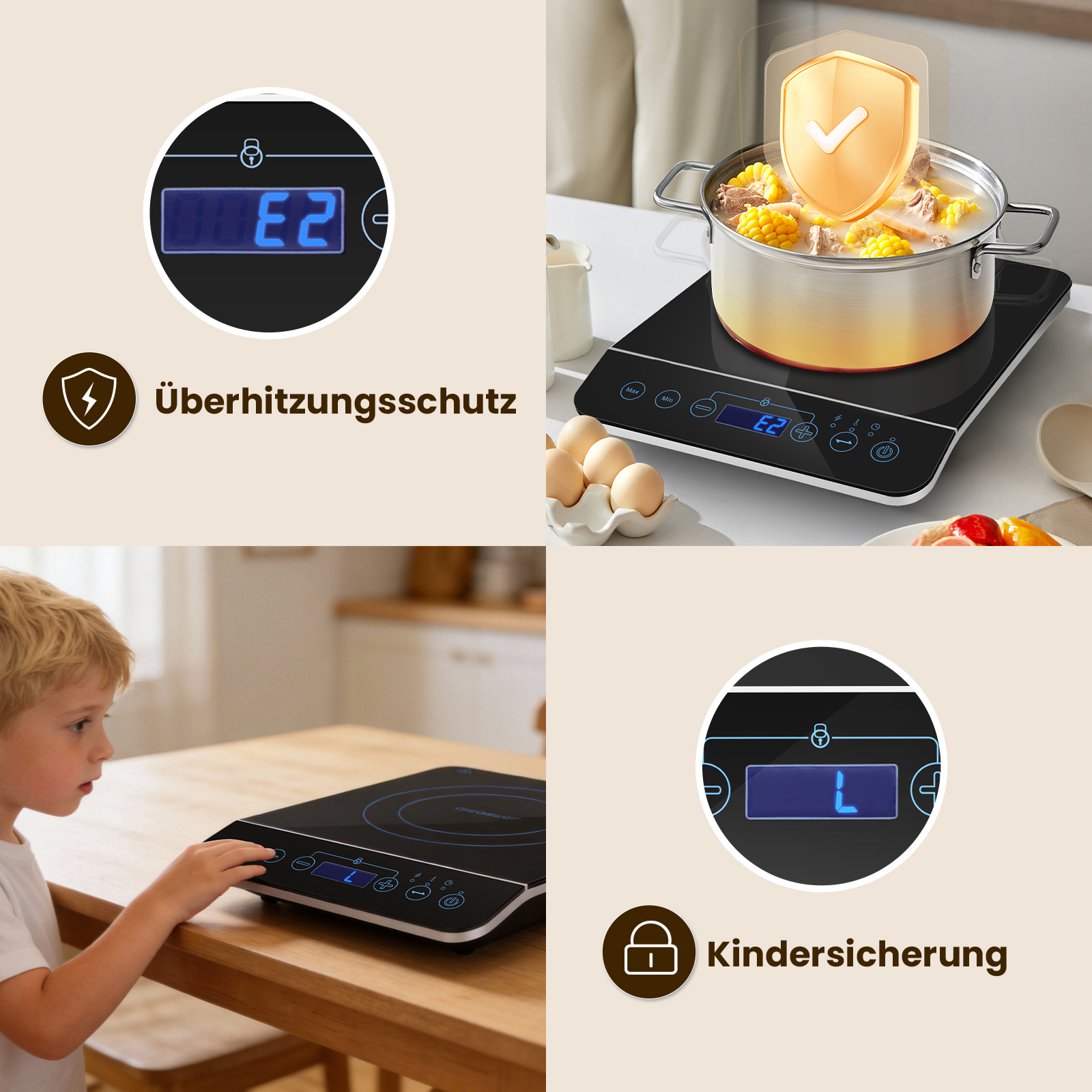 Induktionskochfeld mit Kochtopf, Eiern und Kindersicherung.