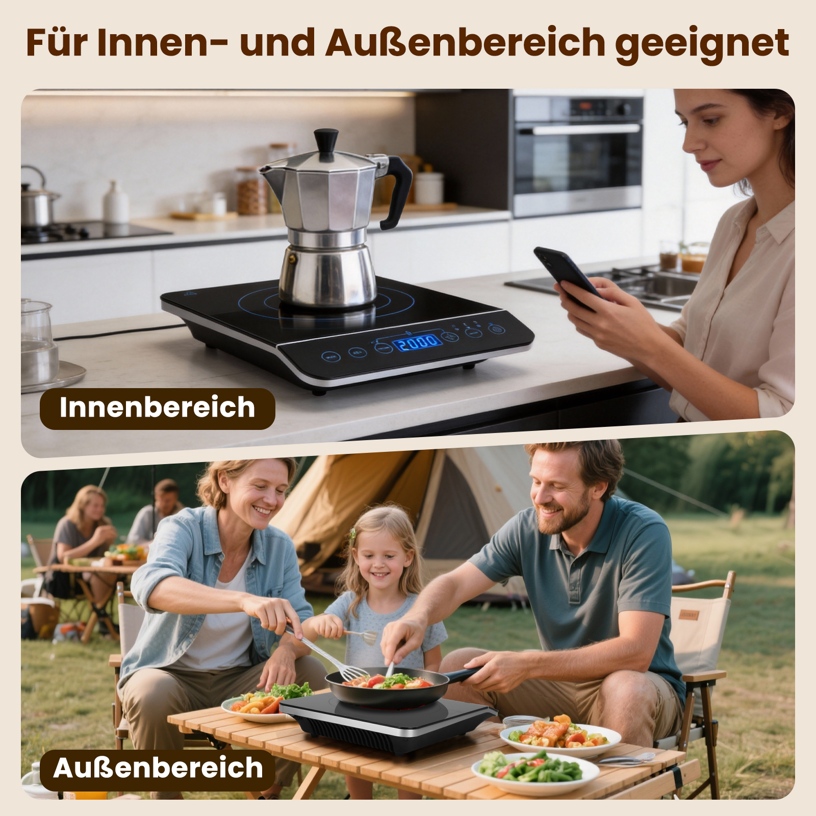 Induktionskochfeld in Küche & beim Camping. Geeignet für drinnen und draußen.