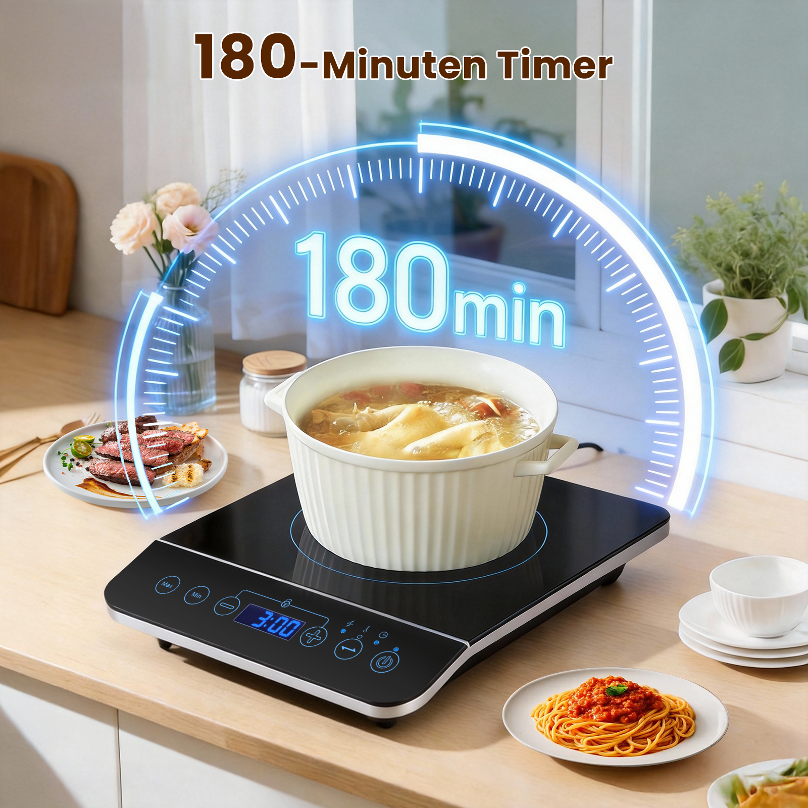 Ein Kochfeld mit einem Topf, Fleisch und Pasta. Ein Timer zeigt 180 Minuten.