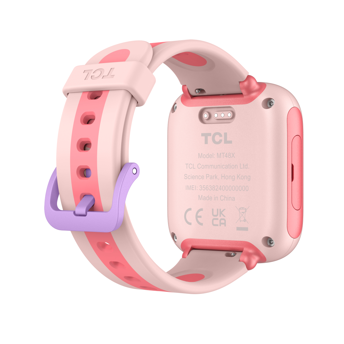 Różowy smartwatch TCL z fioletową klamrą i różowo/jasnoróżowym paskiem.
