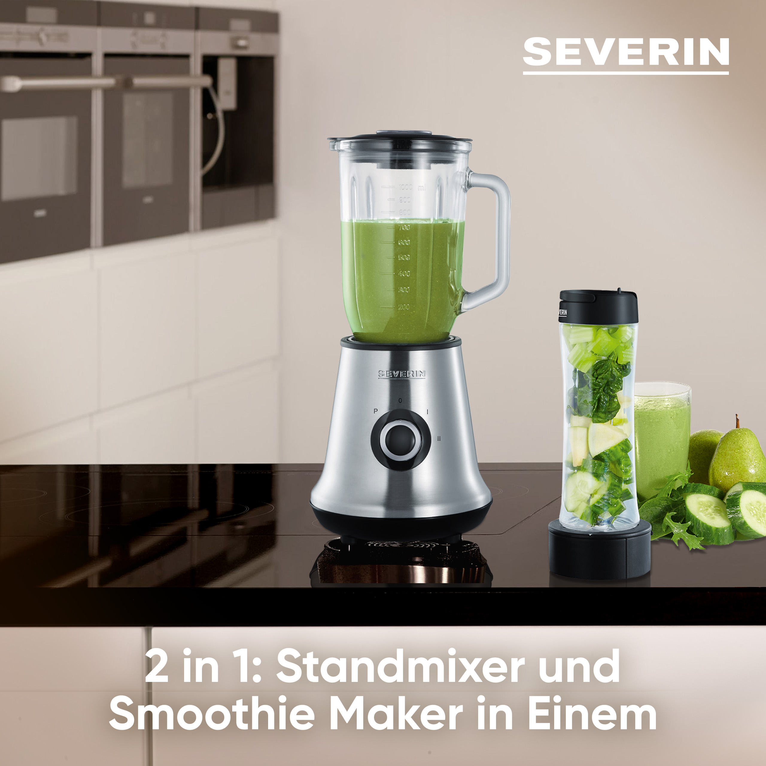 Severin Standmixer mit Glasbehälter und Smoothie-Becher mit Zutaten.