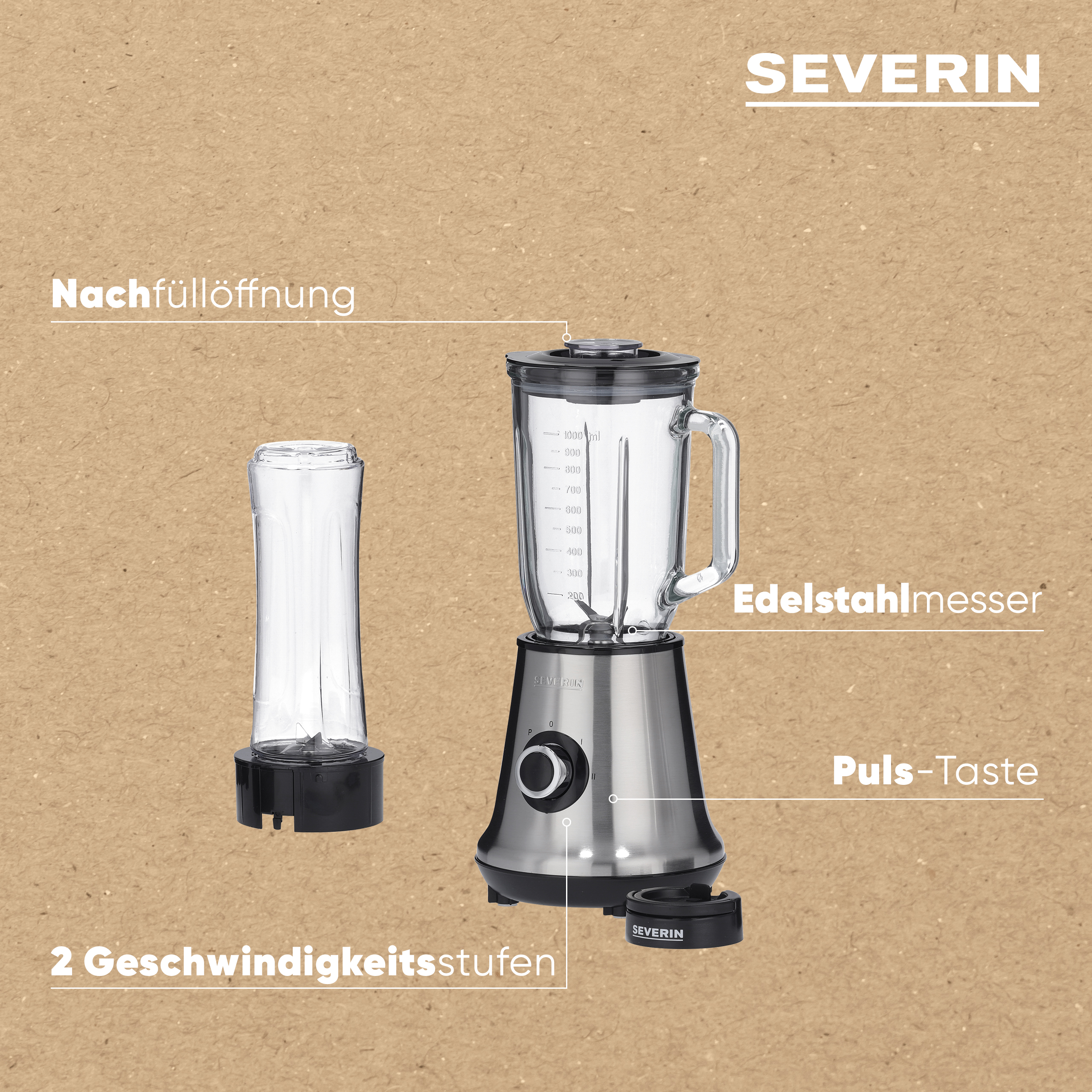 Severin Standmixer mit Glasbehälter, Edelstahllmessern und 2 Stufen.