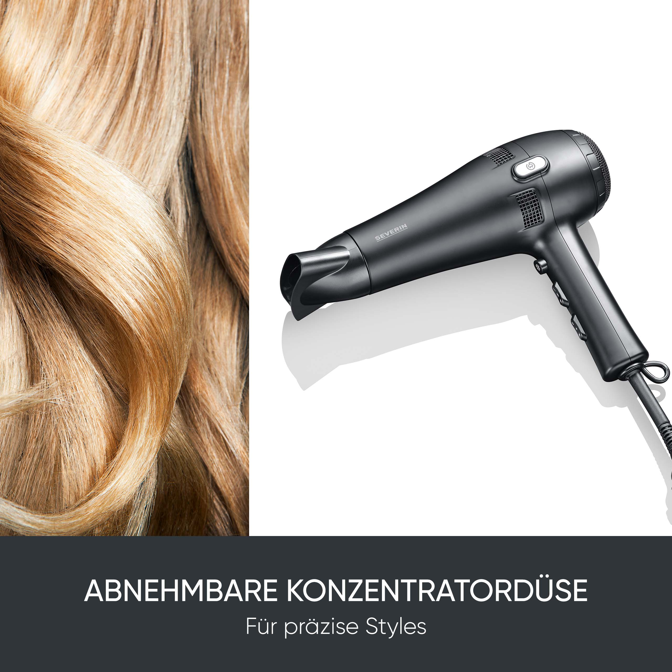 Zwarte haardroger met concentratormondstuk naast blond haar.