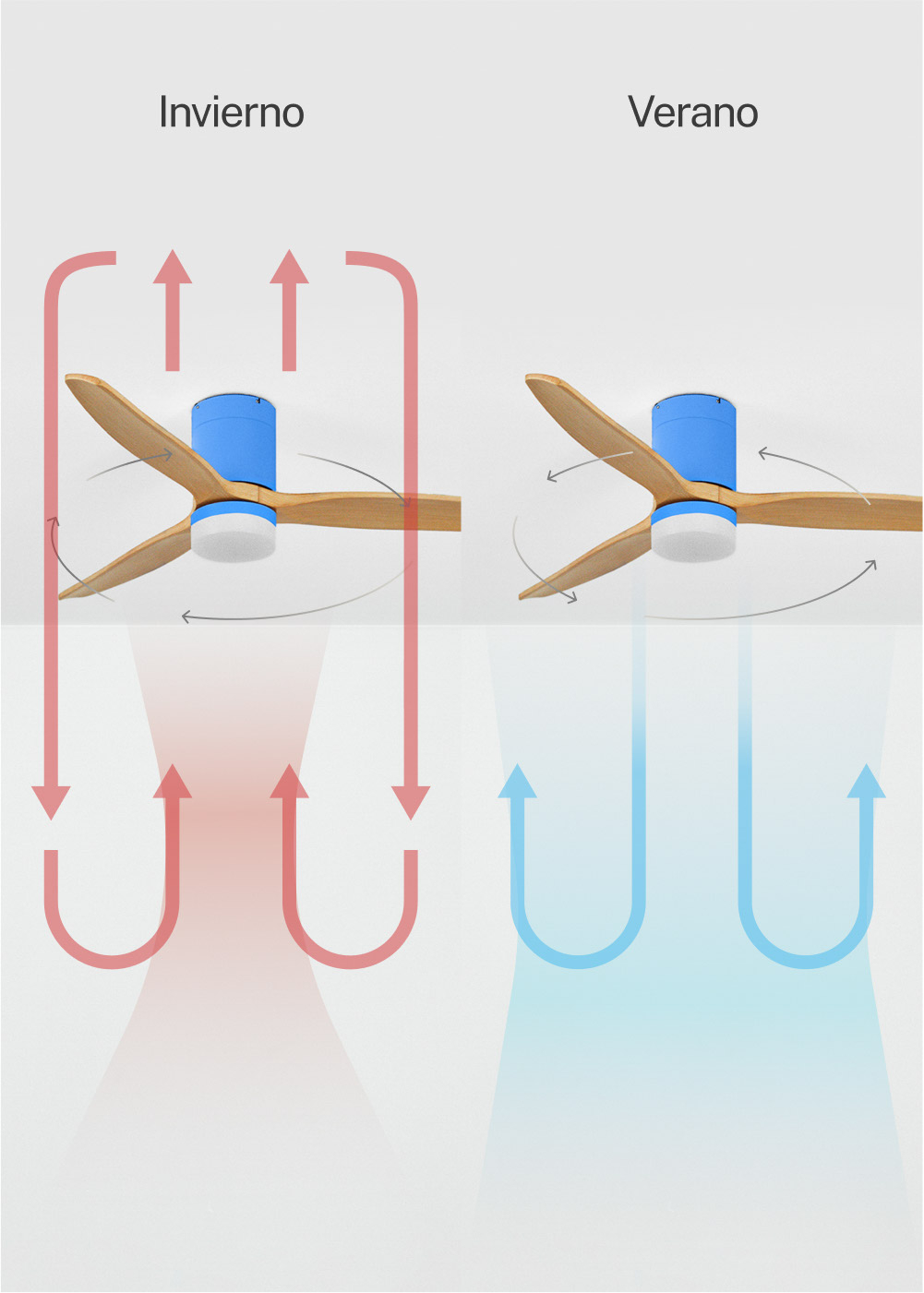 Ventilador de techo con aspas de madera en modo invierno y verano. Rojo indica invierno, azul verano.