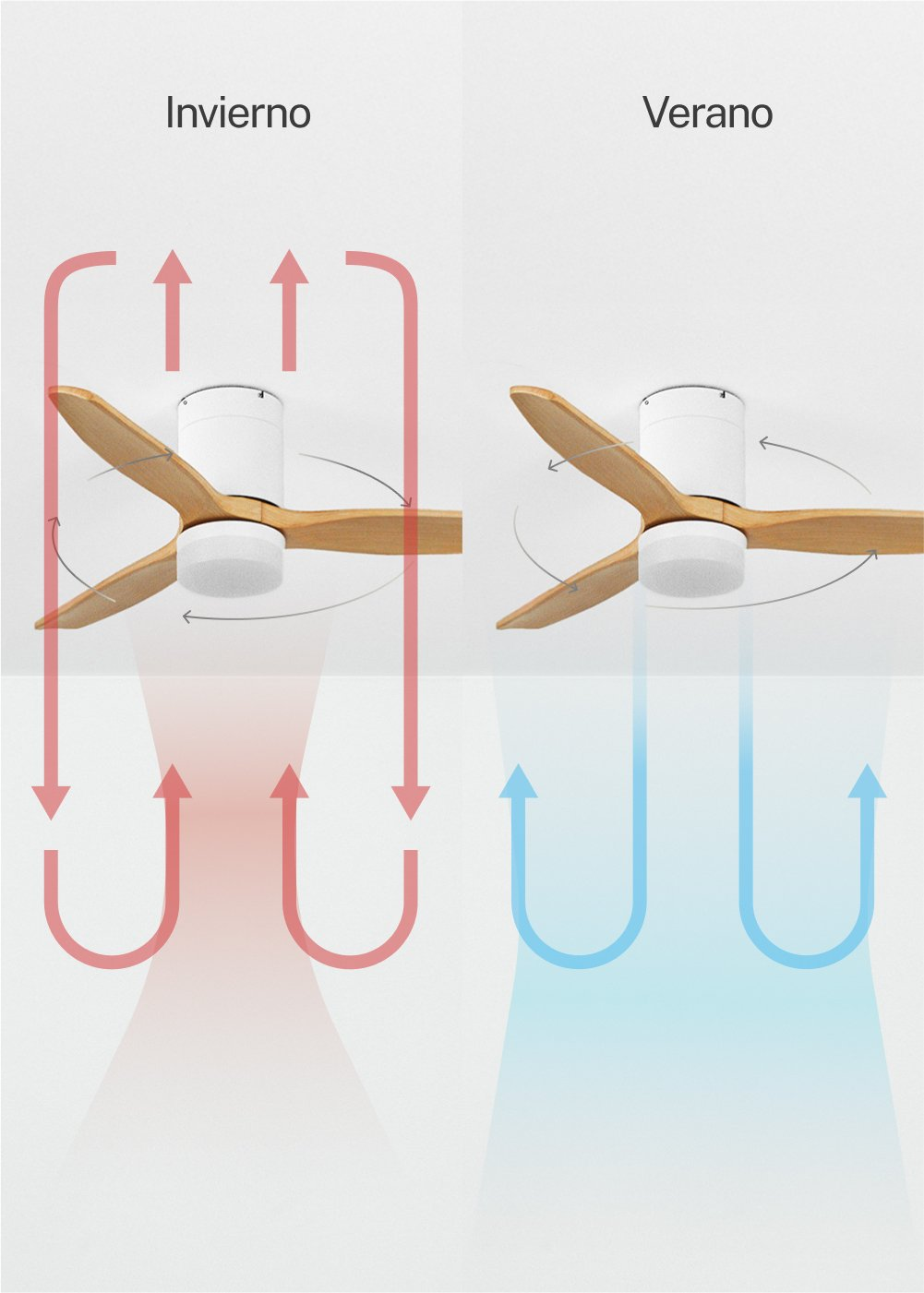 Ventilador de techo en modos invierno y verano con flechas de aire.