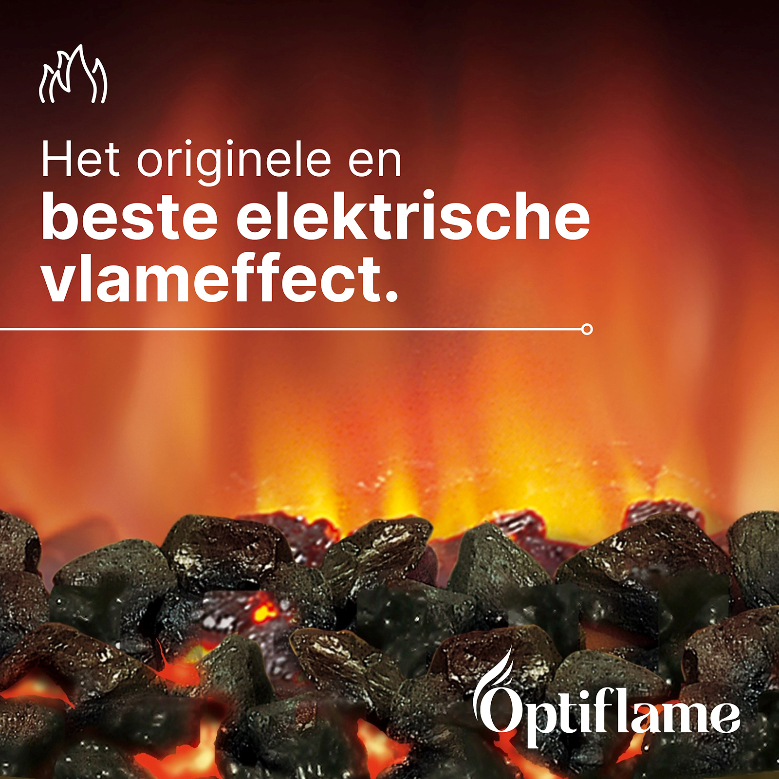 Glowing embers with an electric flame effect and the Optiflame logo.
