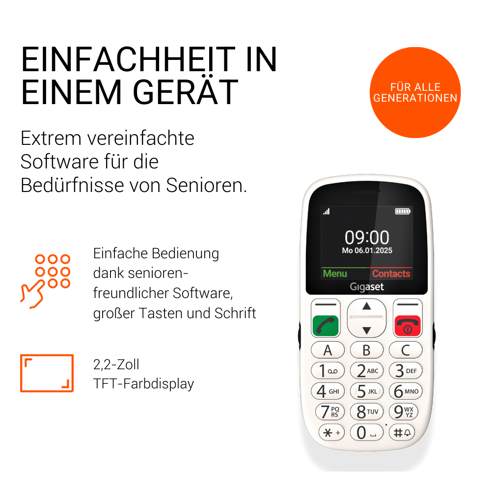 Un telefono Gigaset bianco con tasti e schermo grande. Icone arancioni mostrano tastierino e cattura schermo.