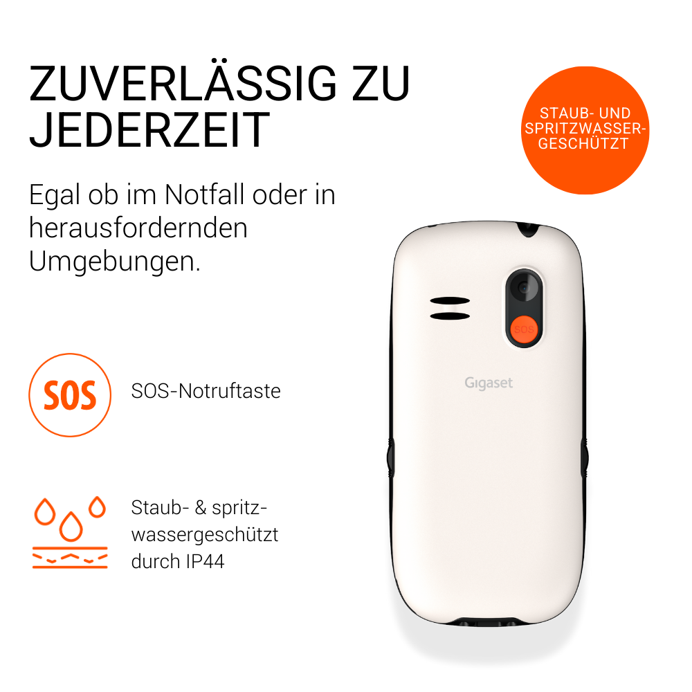 Un telefono Gigaset bianco con pulsante SOS, protetto da polvere e schizzi.