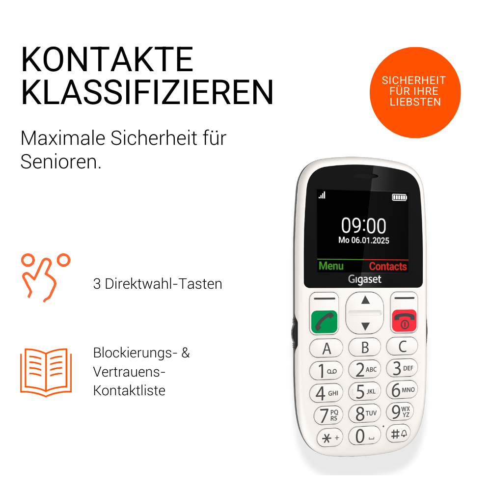 Telefono bianco Gigaset con tastiera e pulsante SOS. Cerchio arancione con testo in alto a destra.