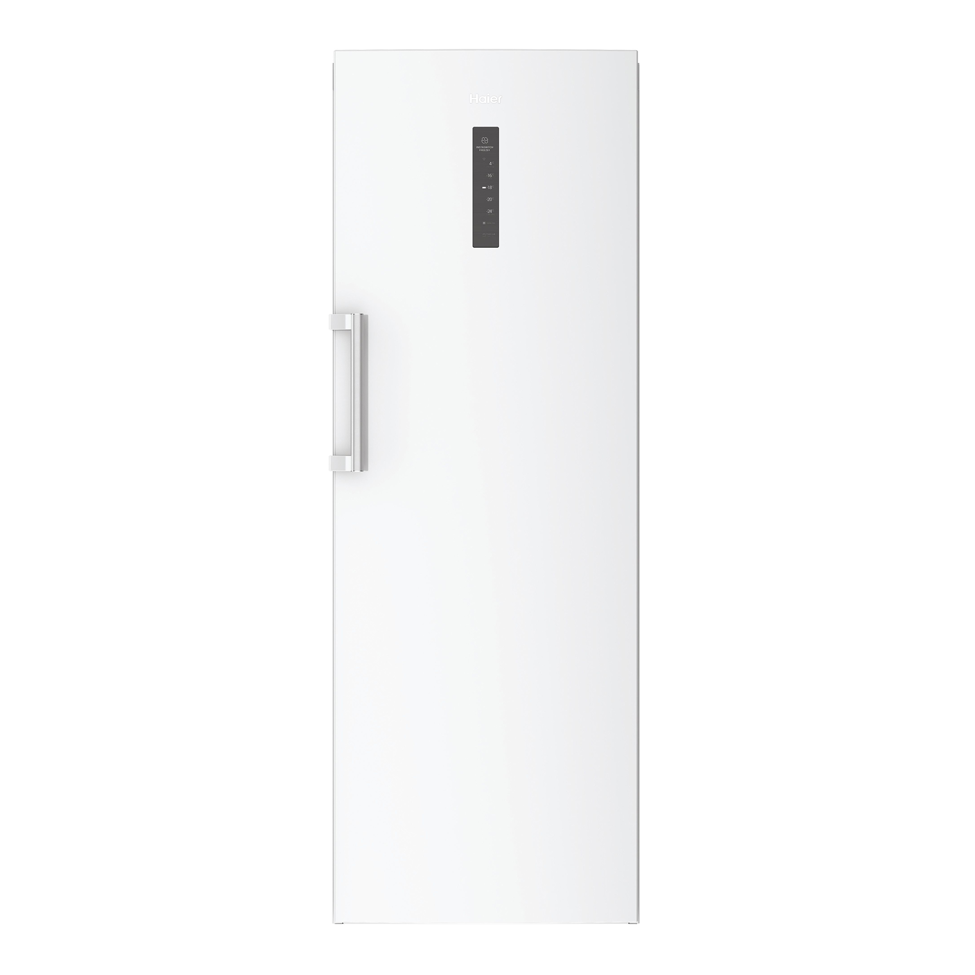 Ein weißer Haier-Gefrierschrank mit silbernem Griff und Digitalanzeige.