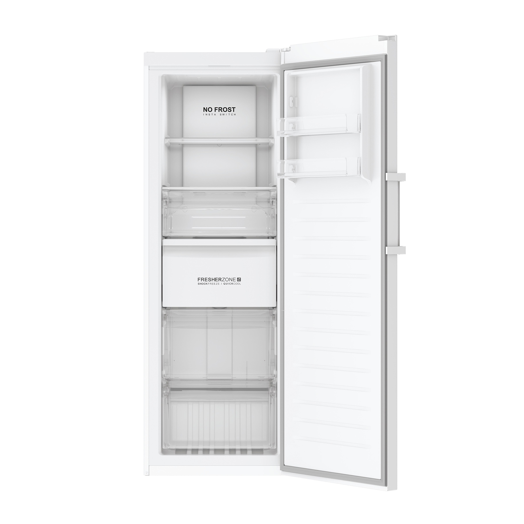 Ein offener weißer Kühlschrank mit mehreren Fächern und Schubladen.