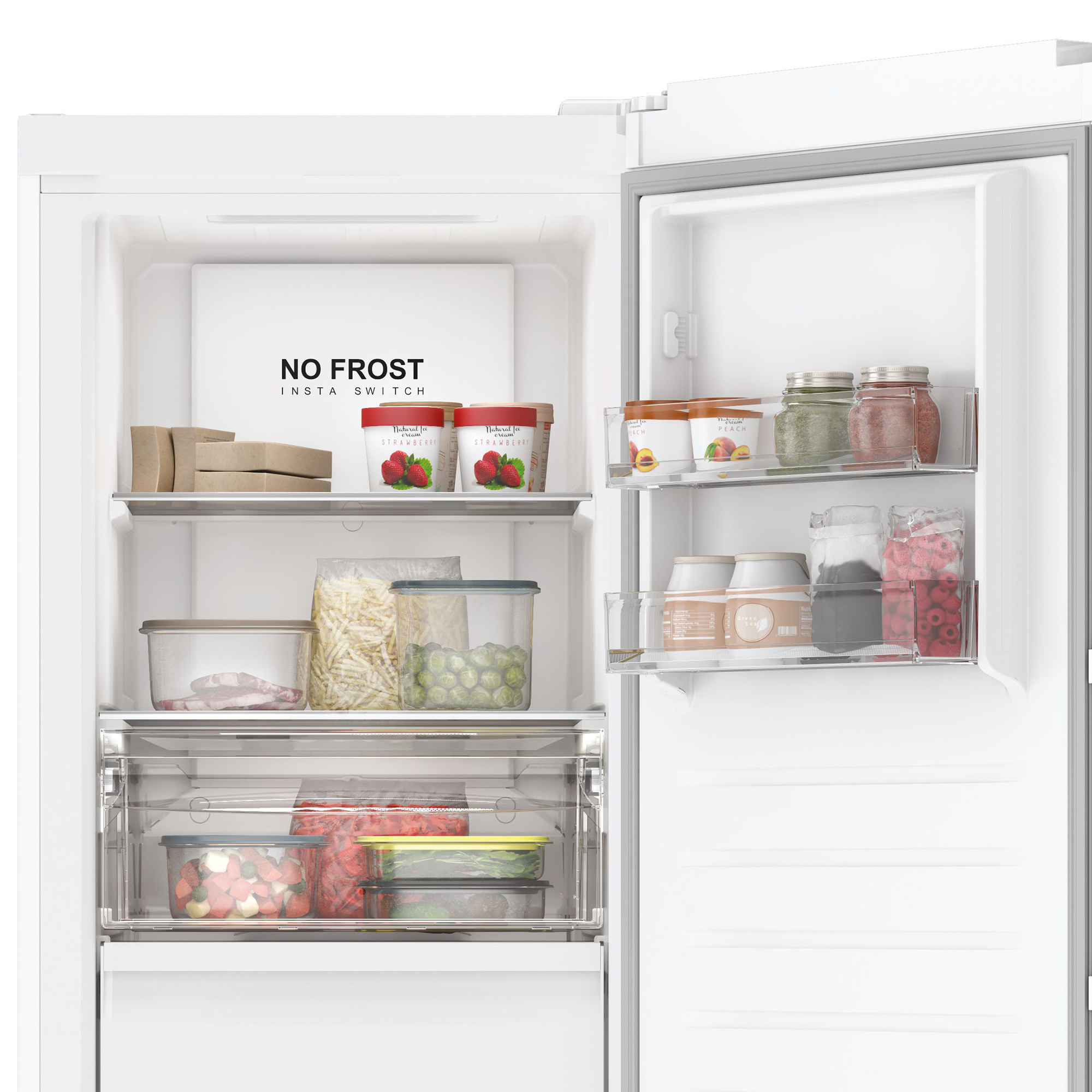Gefrierschrank mit Lebensmitteln: Eis, Beeren, Fleisch, Gemüse und Obst.