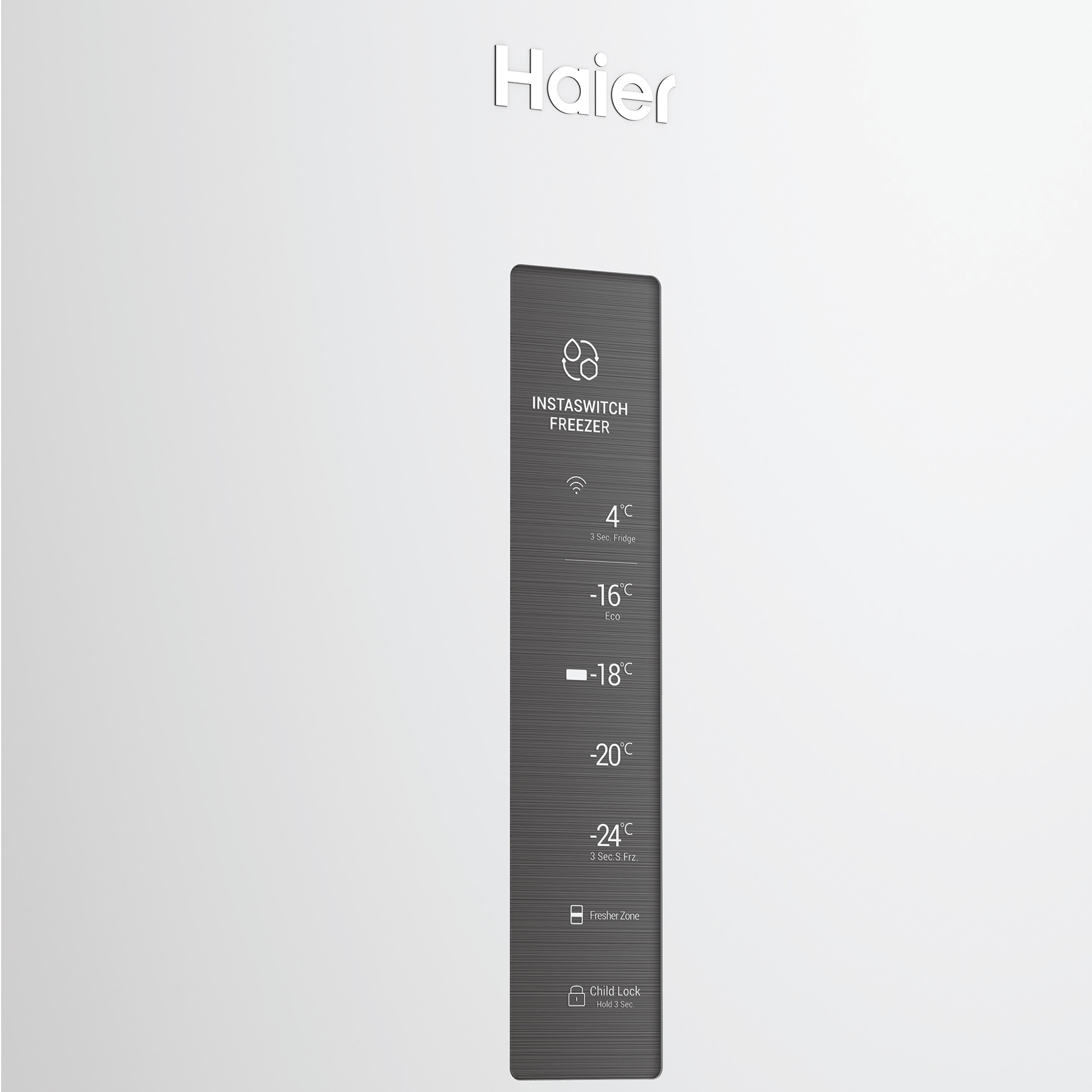 Haier Logo über einem dunklen Bedienfeld mit Temperatureinstellungen.