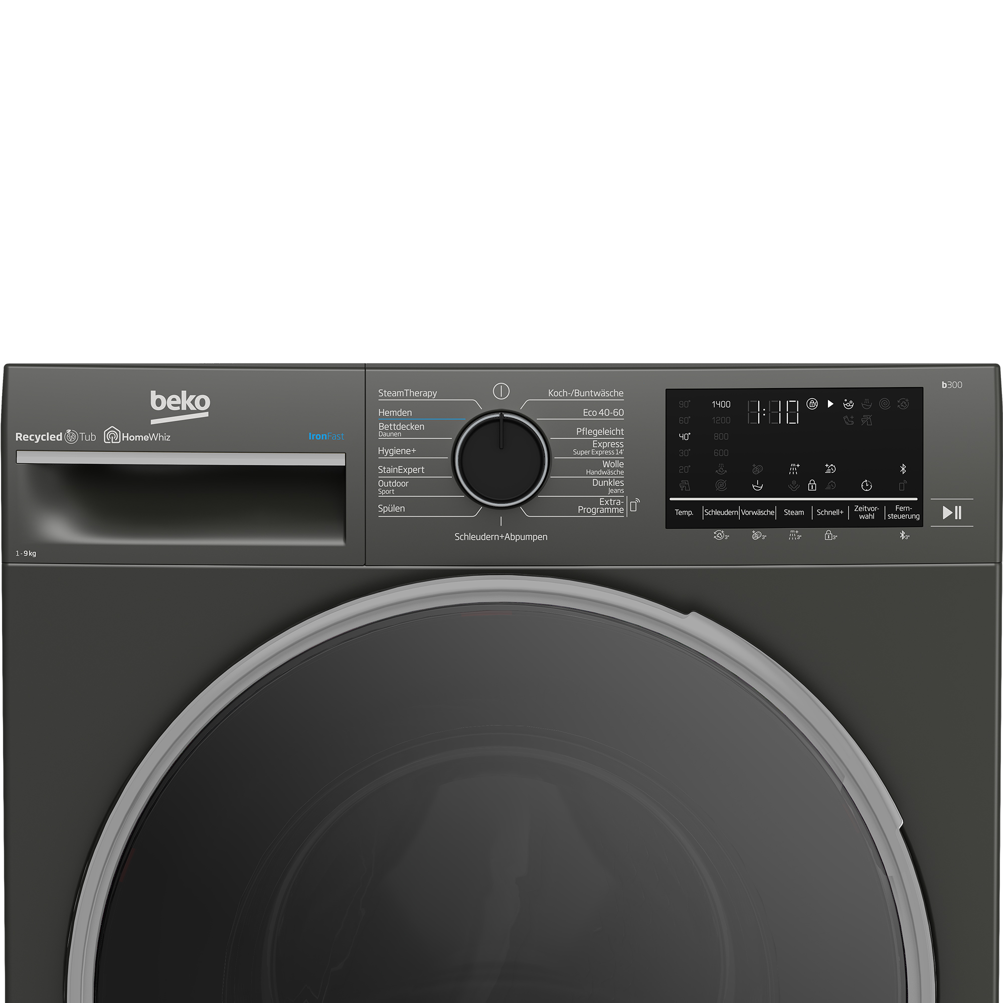 Dunkelgraue Beko Waschmaschine mit Bedienfeld und runder Tür.