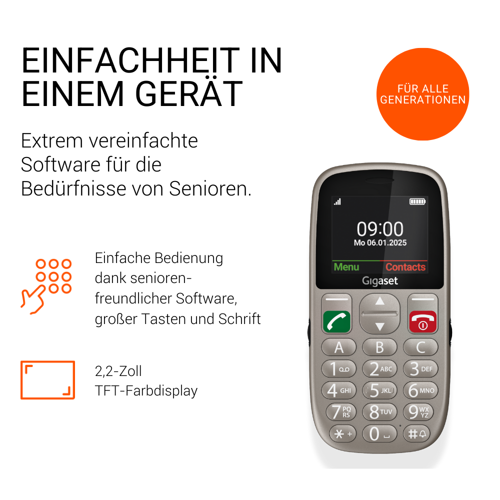 Un telefono Gigaset beige con tastiera e schermo che mostra le 09:00. Per tutte le generazioni.