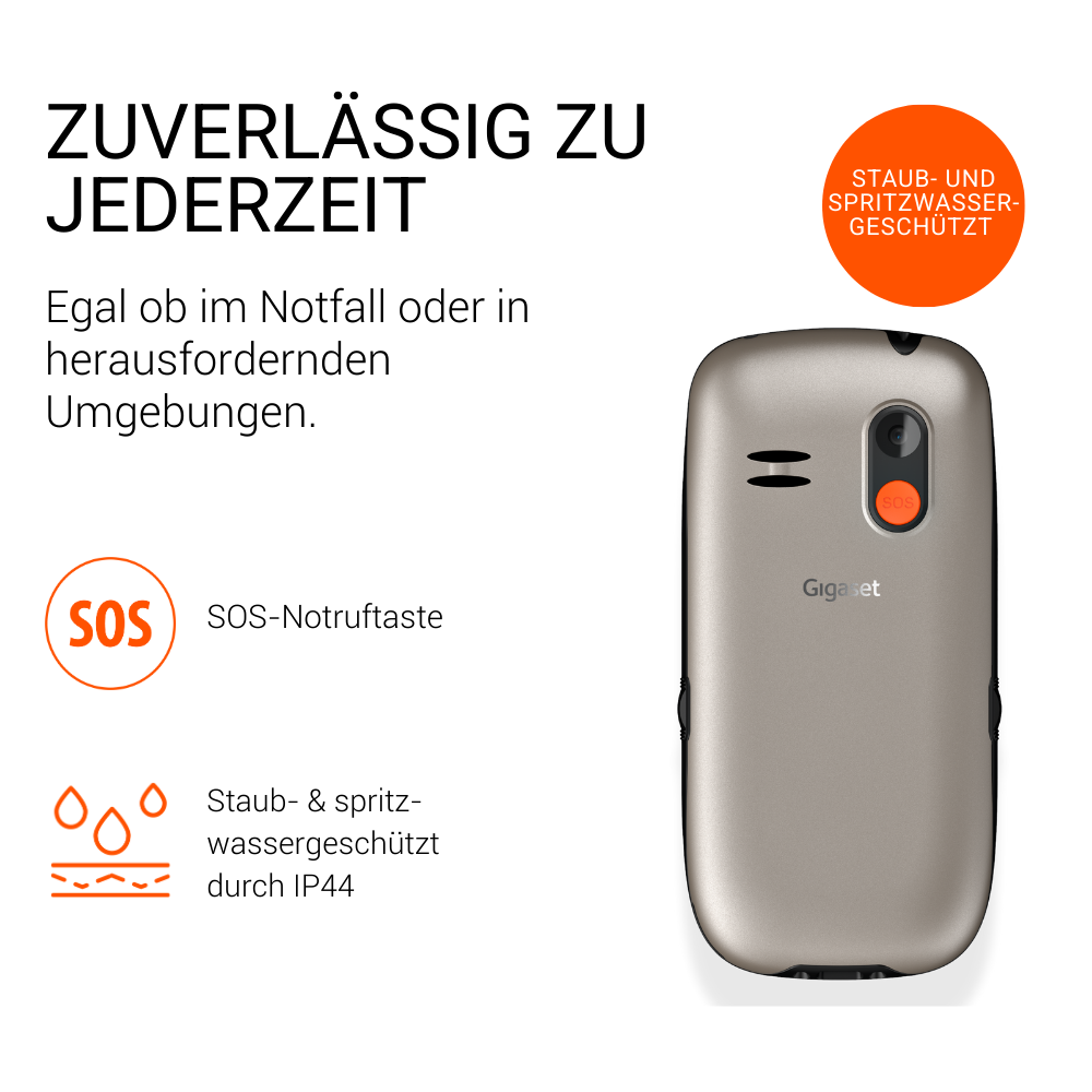Un telefono Gigaset argentato con pulsante SOS, resistente a polvere e schizzi.