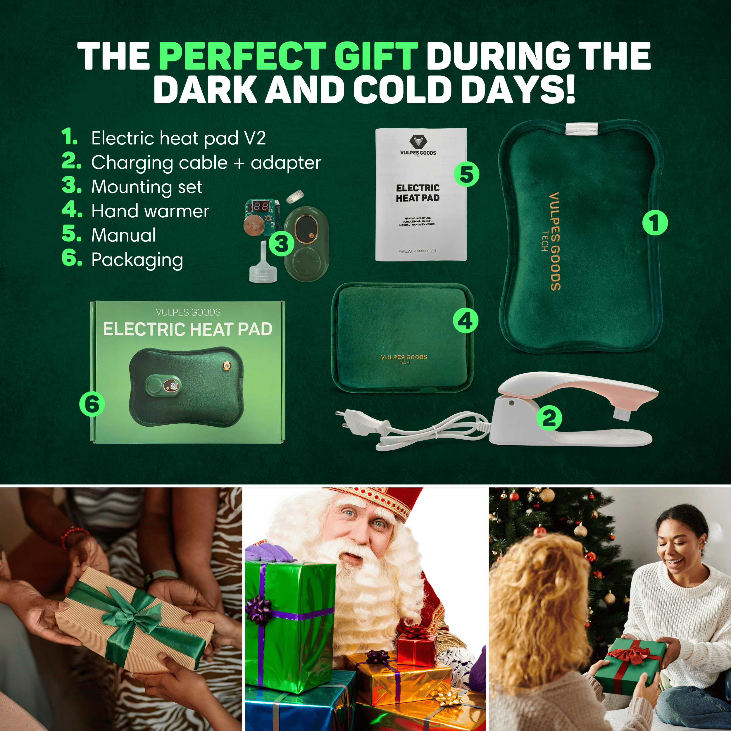 A green electric heat pad, charging cable, hand warmer, manual, and packaging.