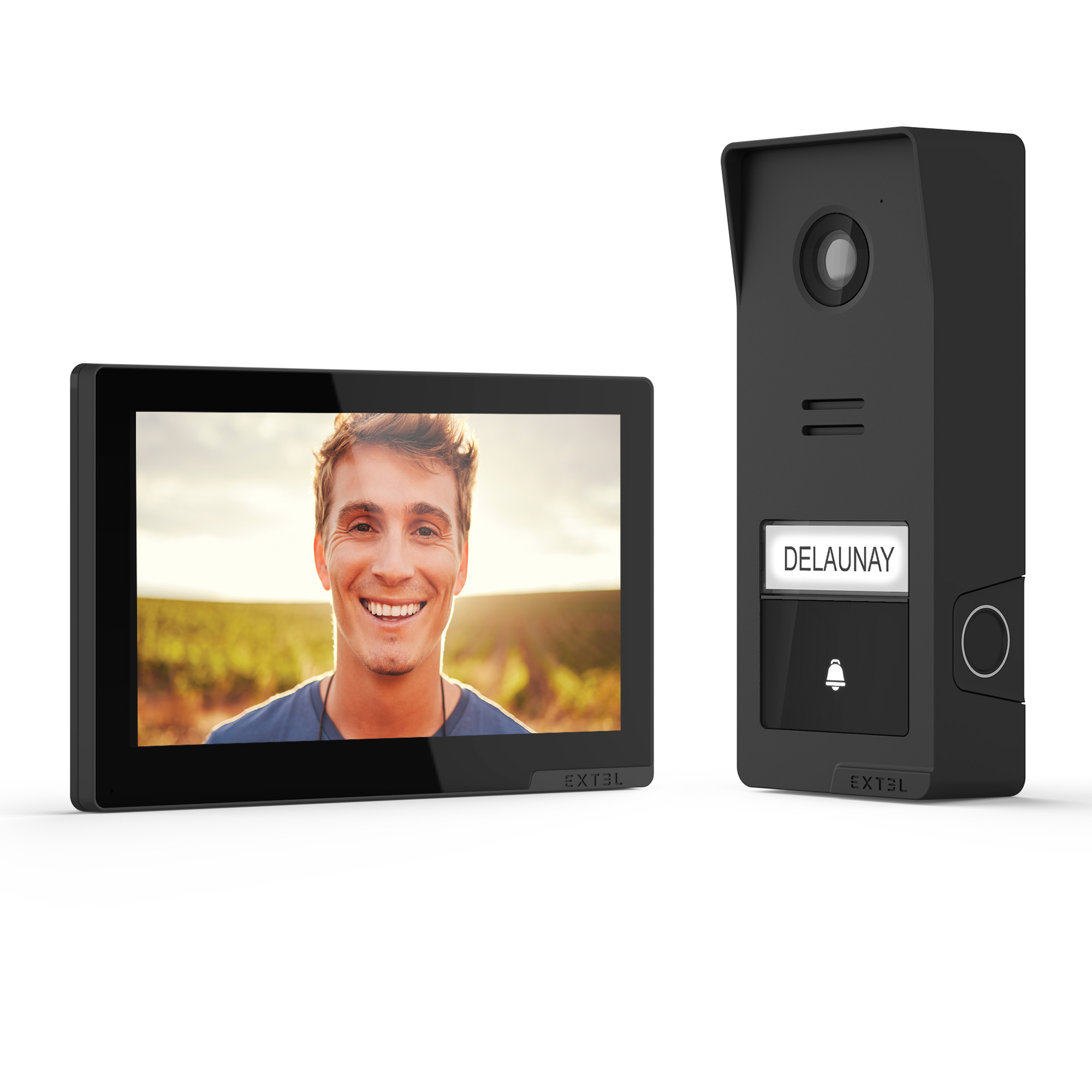Un timbre de video negro con cámara y un monitor mostrando un hombre sonriente.