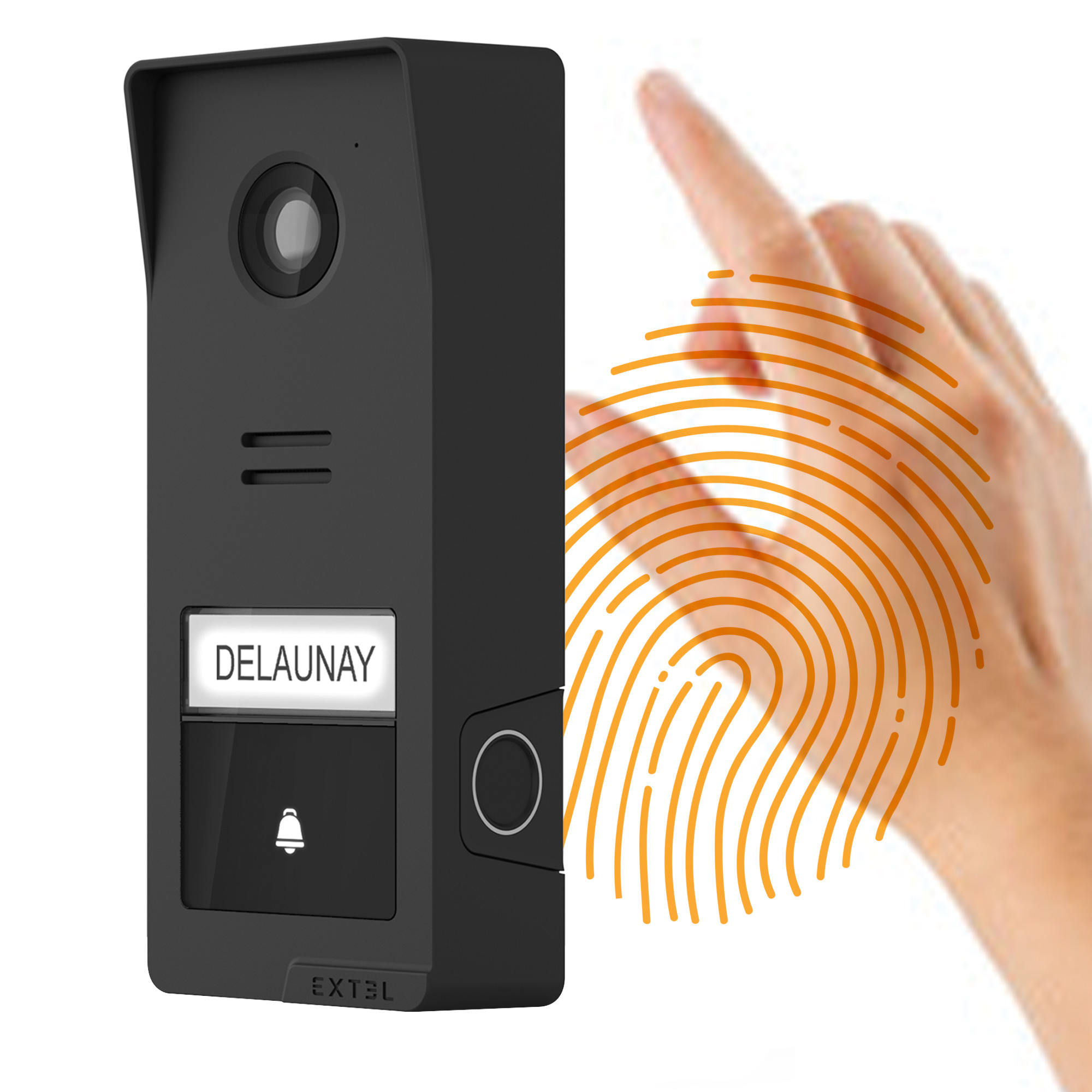 Intercomunicador negro con placa 'DELAUNAY', botón de timbre y escáner de huellas.