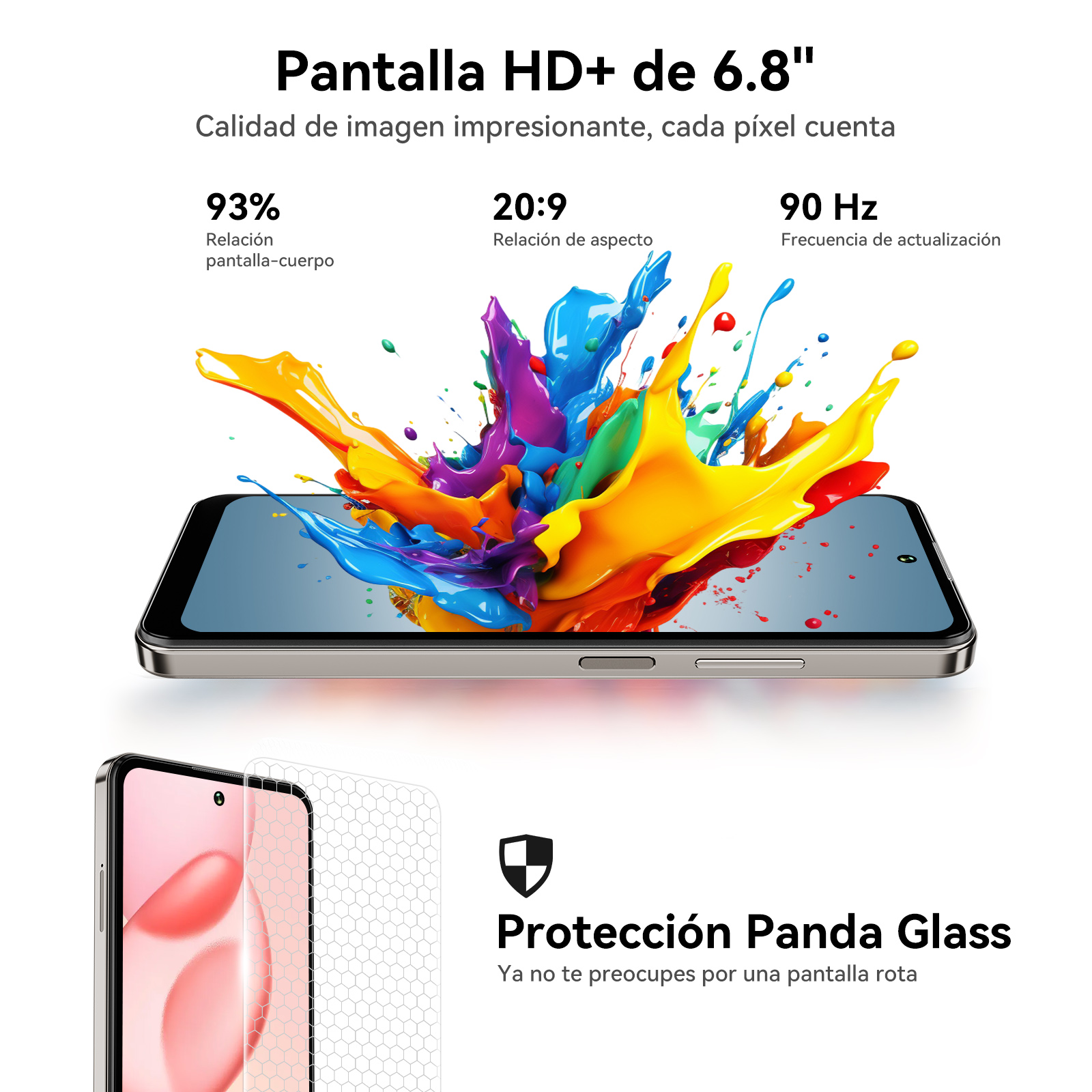 Wyświetlacz smartfona z kolorowymi plamami farby, specyfikacje 93% stosunku, 20:9, 90 Hz.