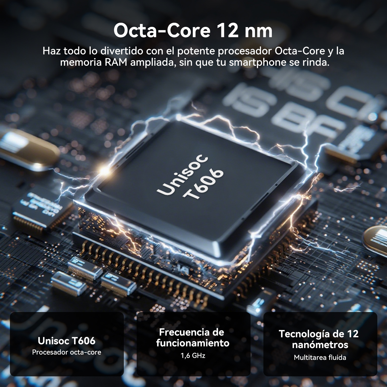 Zbliżenie procesora Unisoc T606 z błyskawicami. Tekst "Octa-Core 12 nm" na górze.