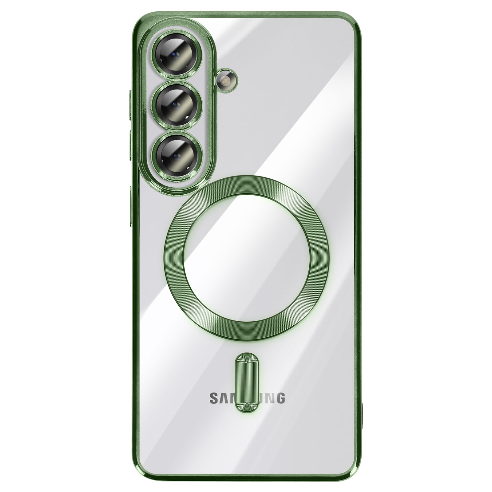 Coque de téléphone verte avec trois caméras et anneau magnétique.