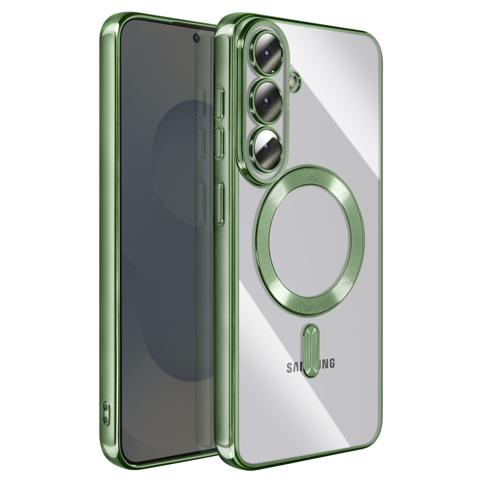 Coque de téléphone verte avec dos transparent, trois caméras et anneau magnétique.