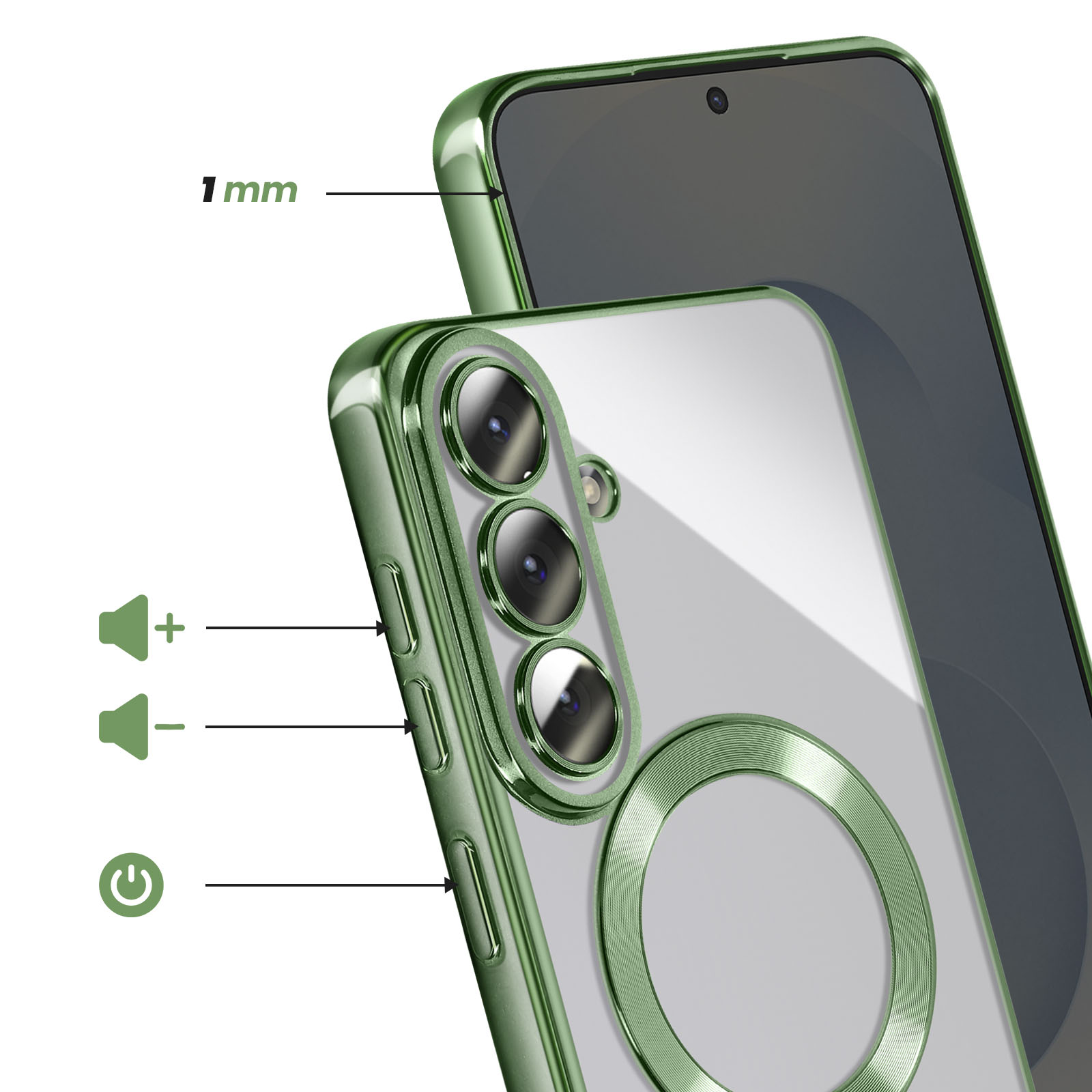Coque de téléphone verte avec découpe caméra, icônes volume et alimentation.