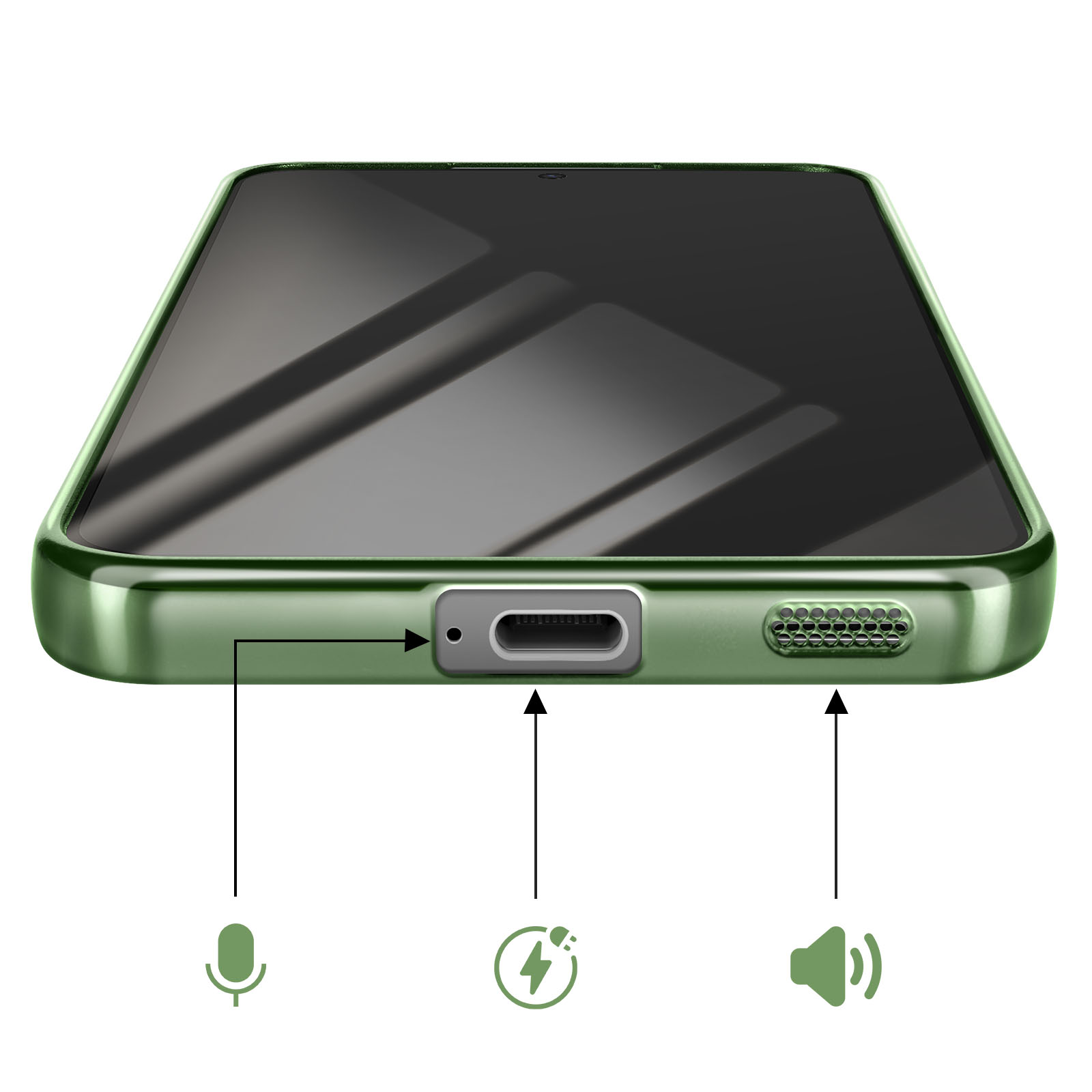 Smartphone vert montrant le port de chargement, le microphone et le haut-parleur.