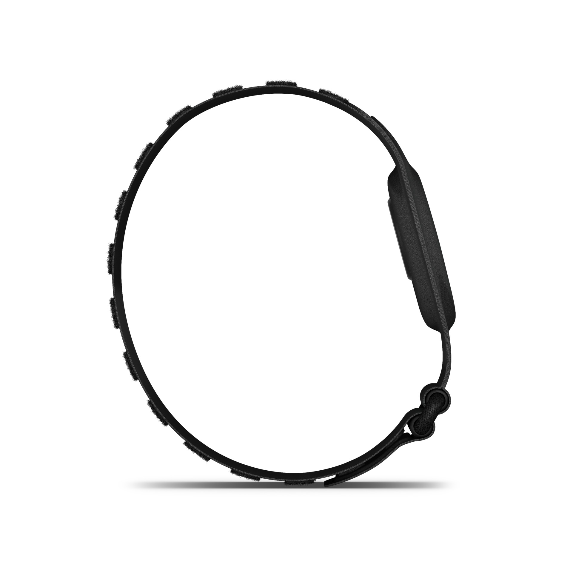 Schwarzes Armband mit Klettverschluss und eckigen Knoten, auf weißem Hintergrund.