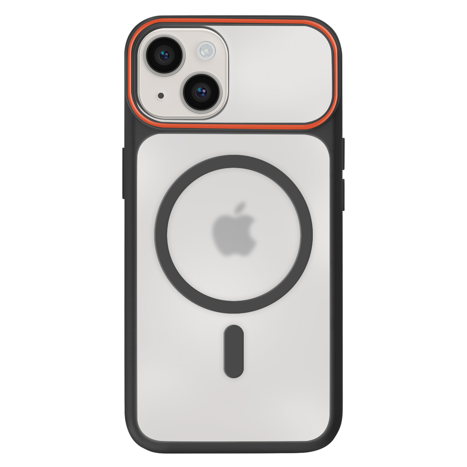 Coque noire avec dos transparent, bordure orange et anneau MagSafe.