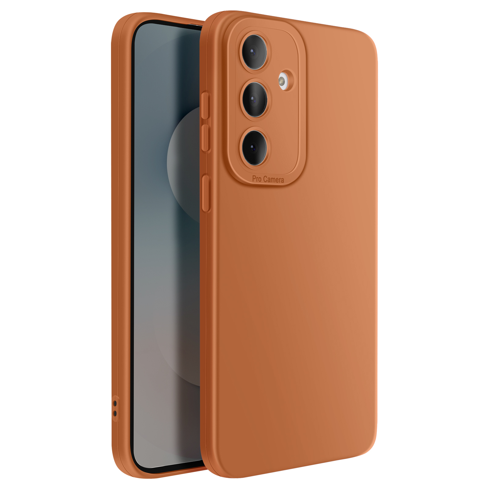 Coque de téléphone orange avec triple appareil photo et flash.