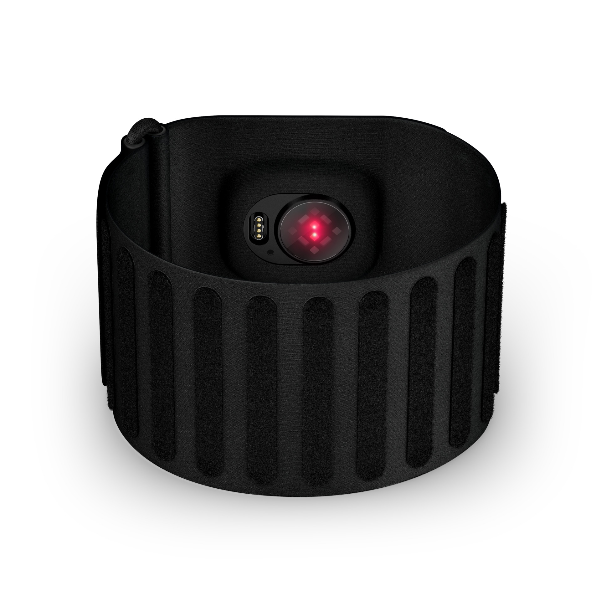 Schwarzes Herzfrequenz-Armband mit roten LEDs und Ladekontakten.