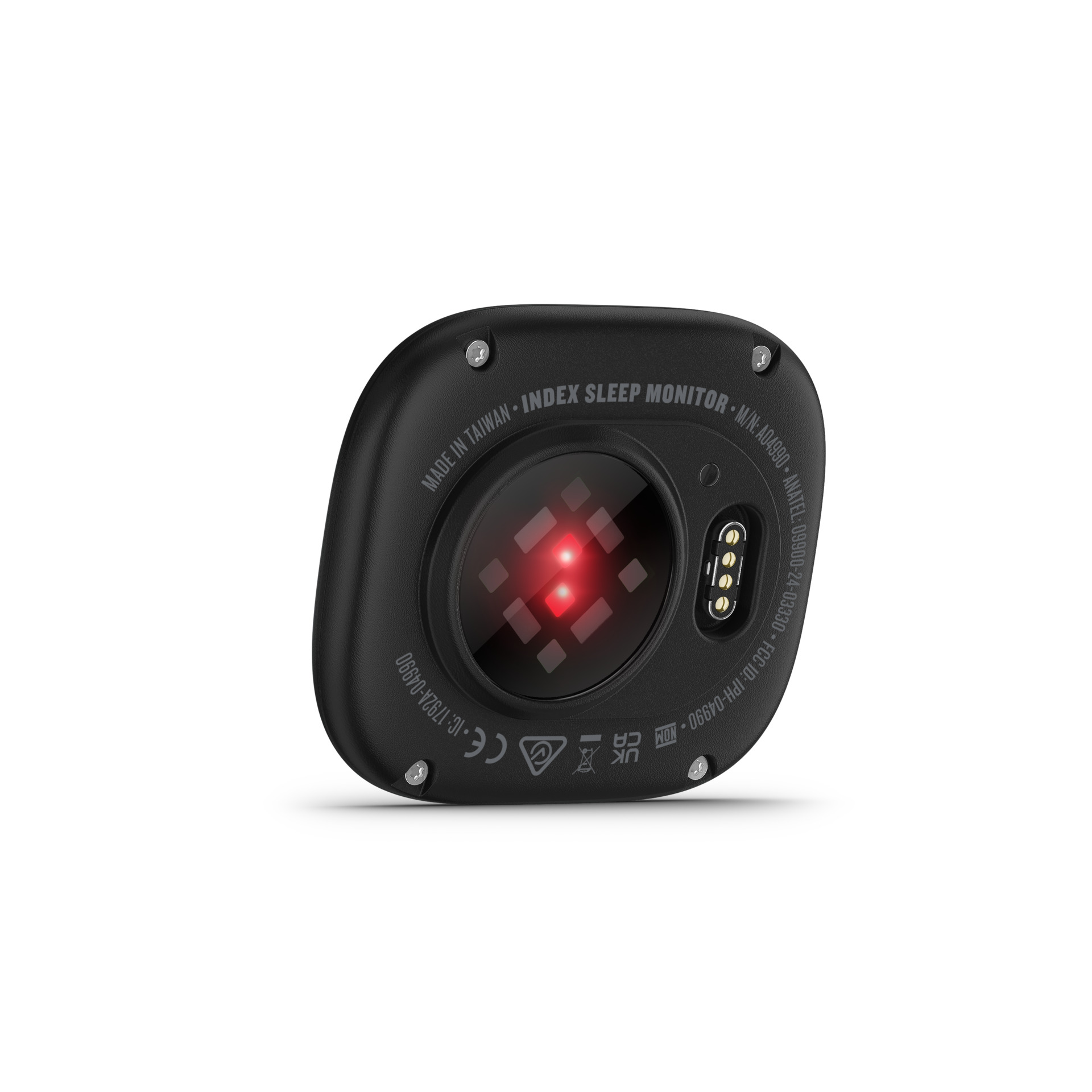 Schwarzer Index Sleep Monitor mit roten LEDs und Ladekontakten.