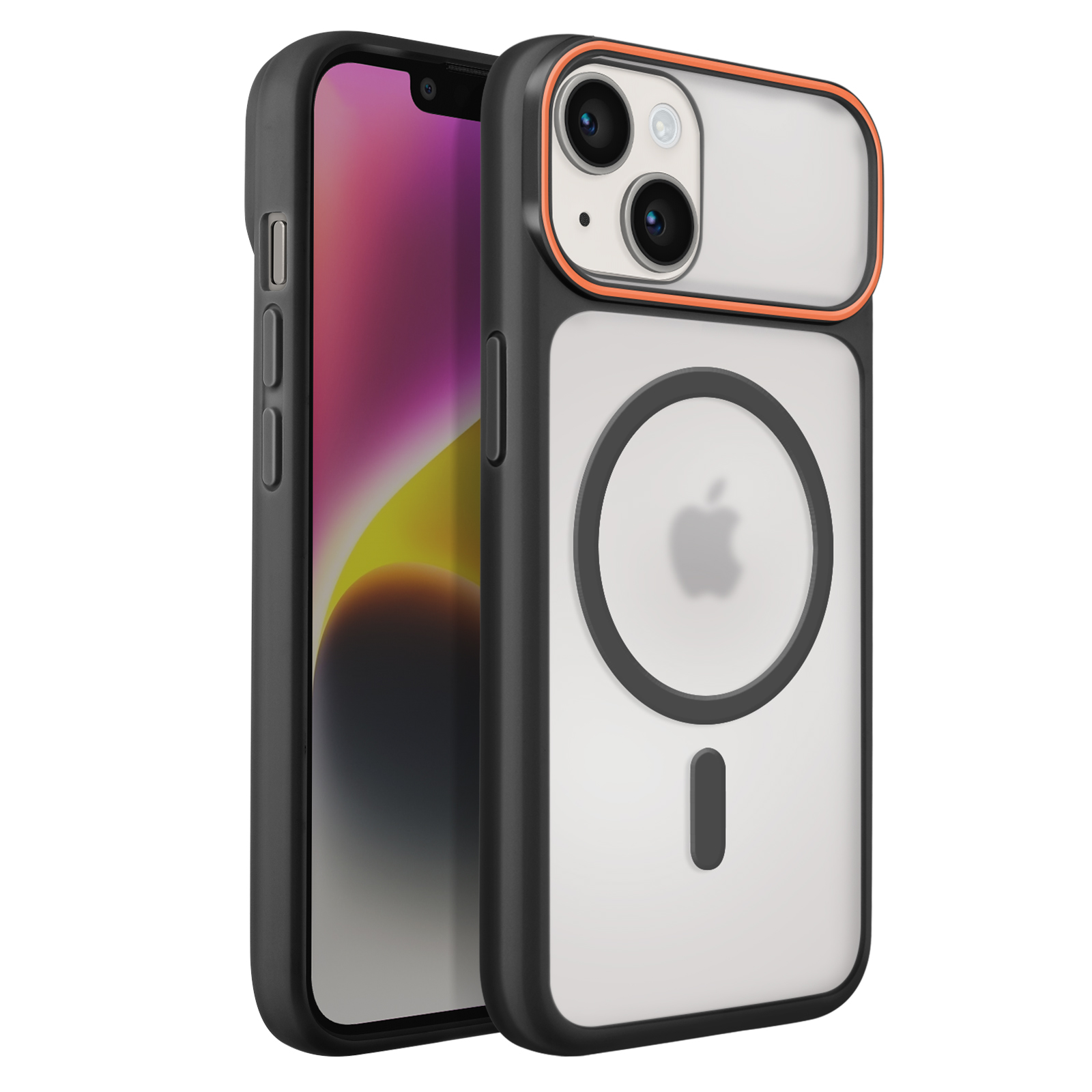 Un iPhone noir avec étui et anneau MagSafe, debout.