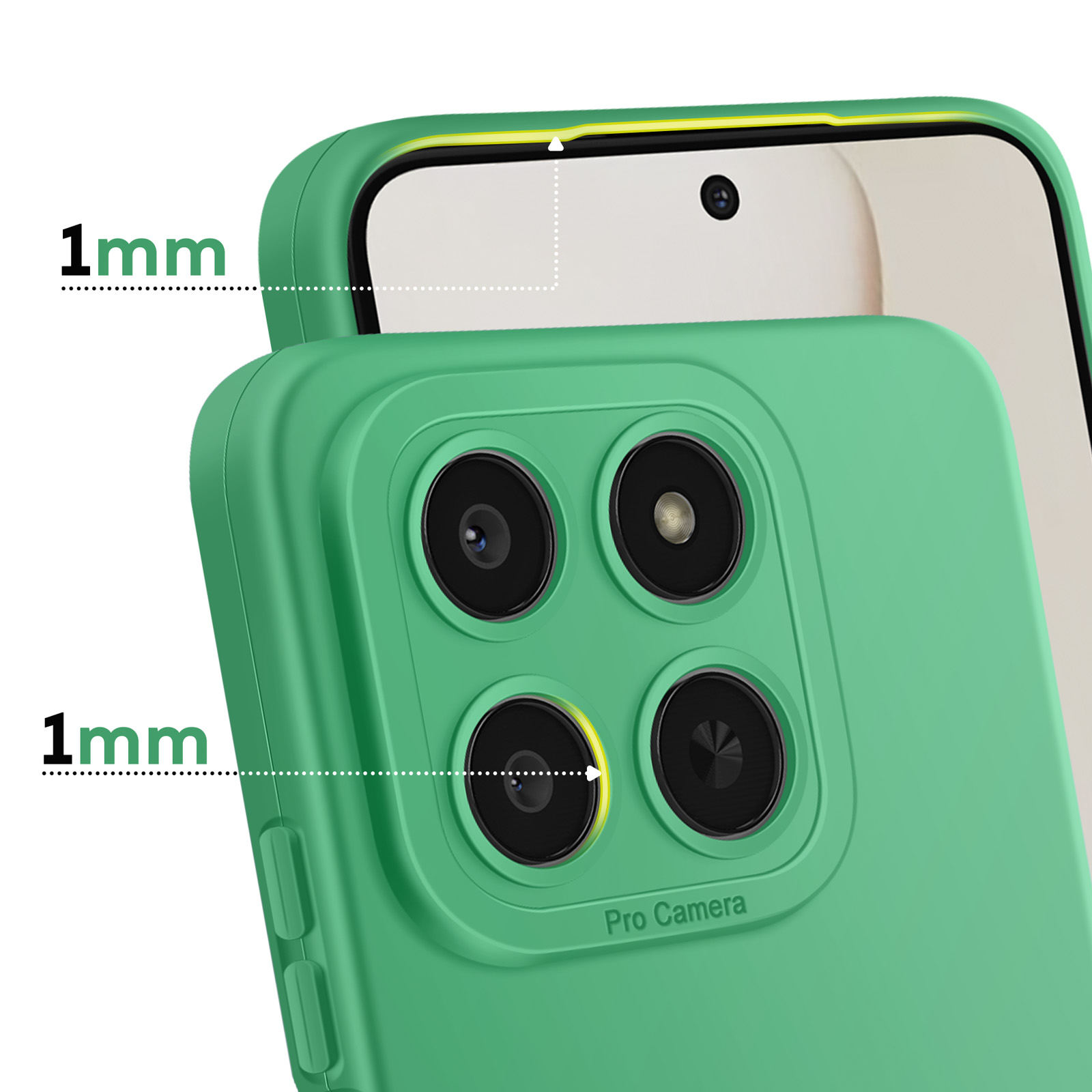 Coque de téléphone verte avec bords surélevés de 1mm, montrant quatre caméras.