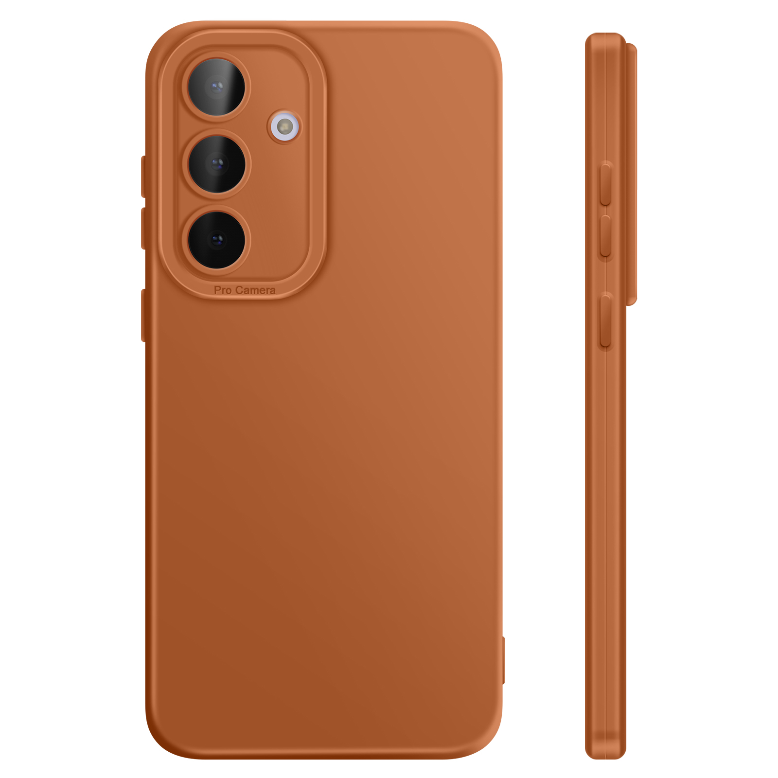 Coque de téléphone orange avec trois caméras et flash, vue latérale.