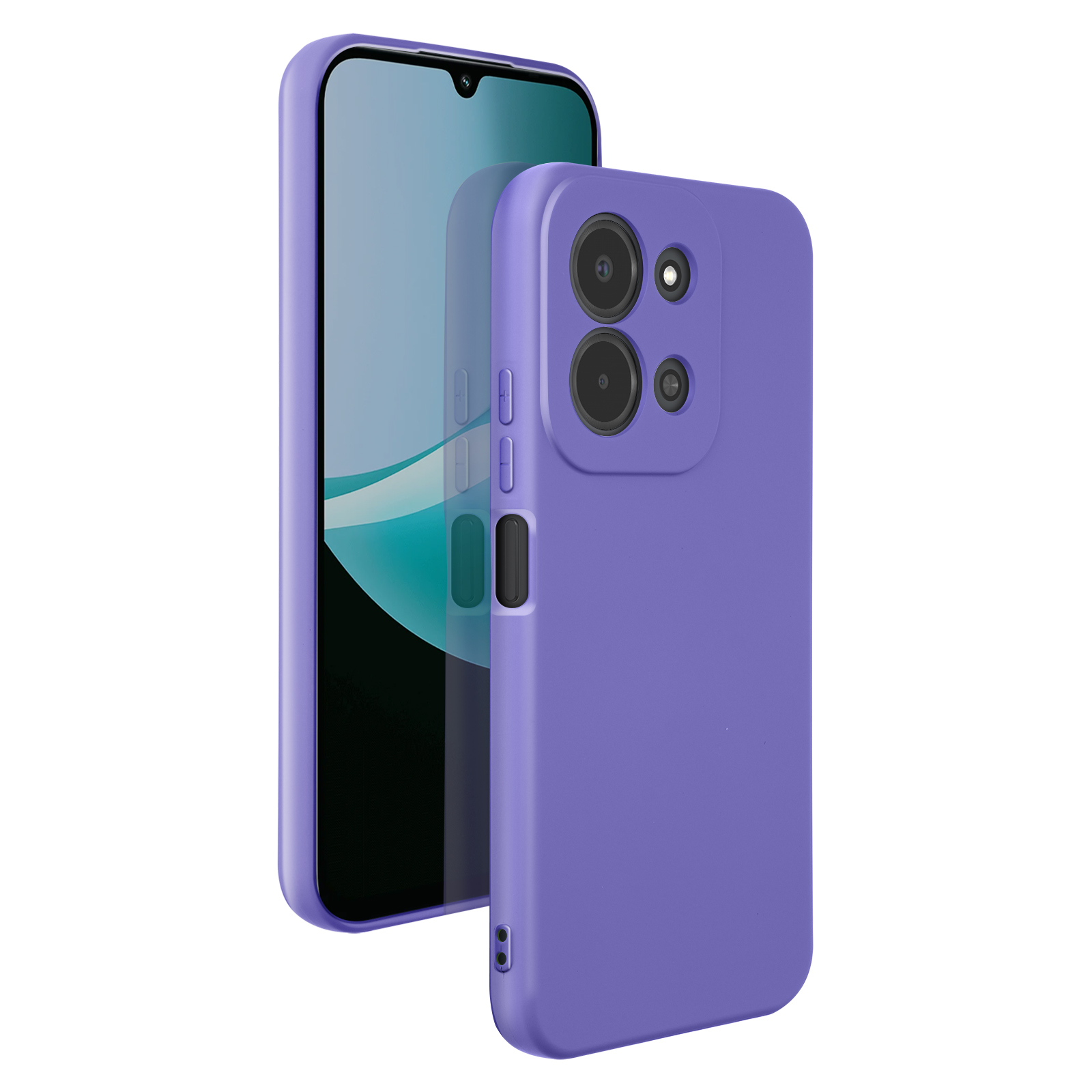 Paarse telefoonhoes met cameralens en scherm op witte achtergrond.