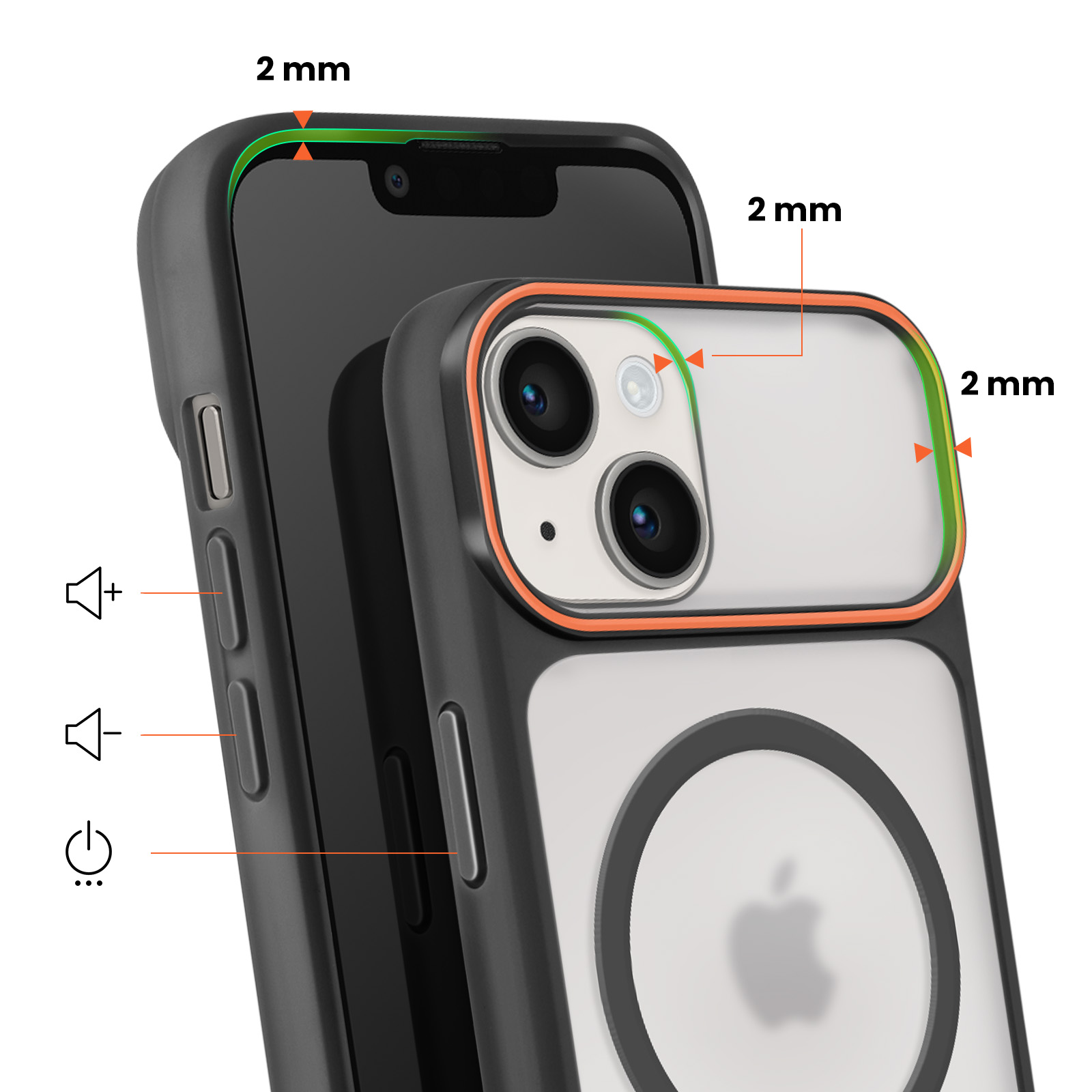 Gros plan d'une coque de protection iPhone indiquant les bords de 2 mm et les boutons de volume.