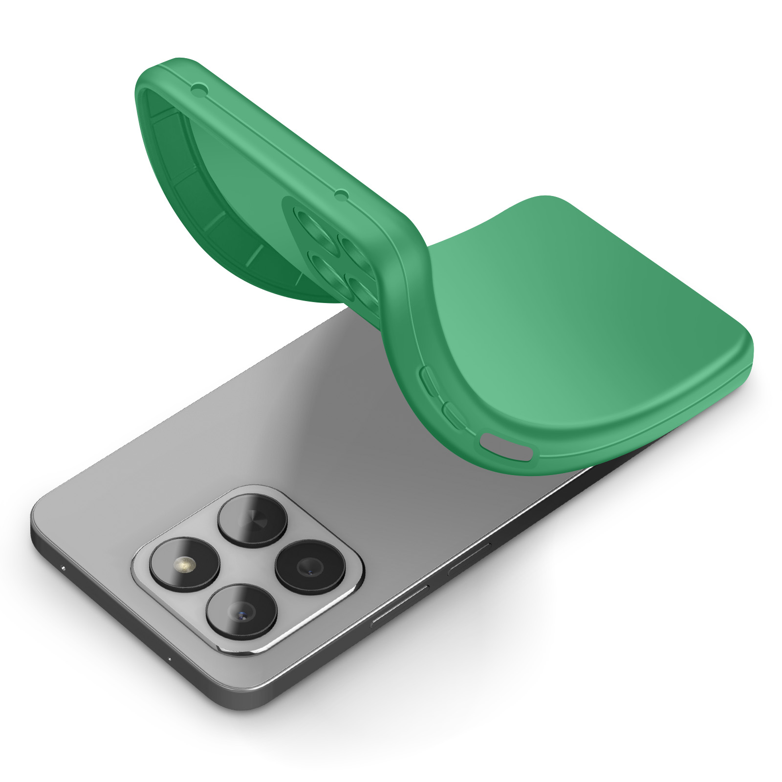 Une coque de téléphone verte placée sur un smartphone argenté.