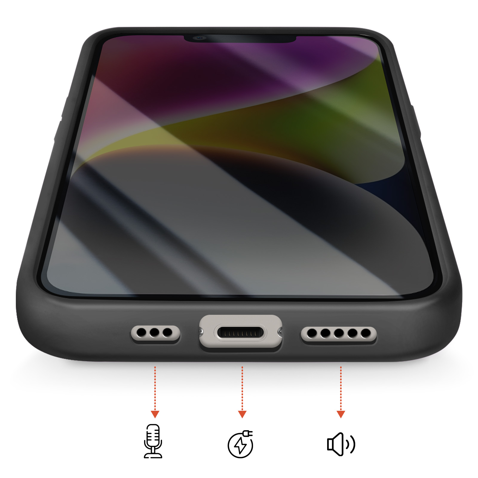 Une coque de téléphone noire montrant les icônes du port de charge, du microphone et du haut-parleur.