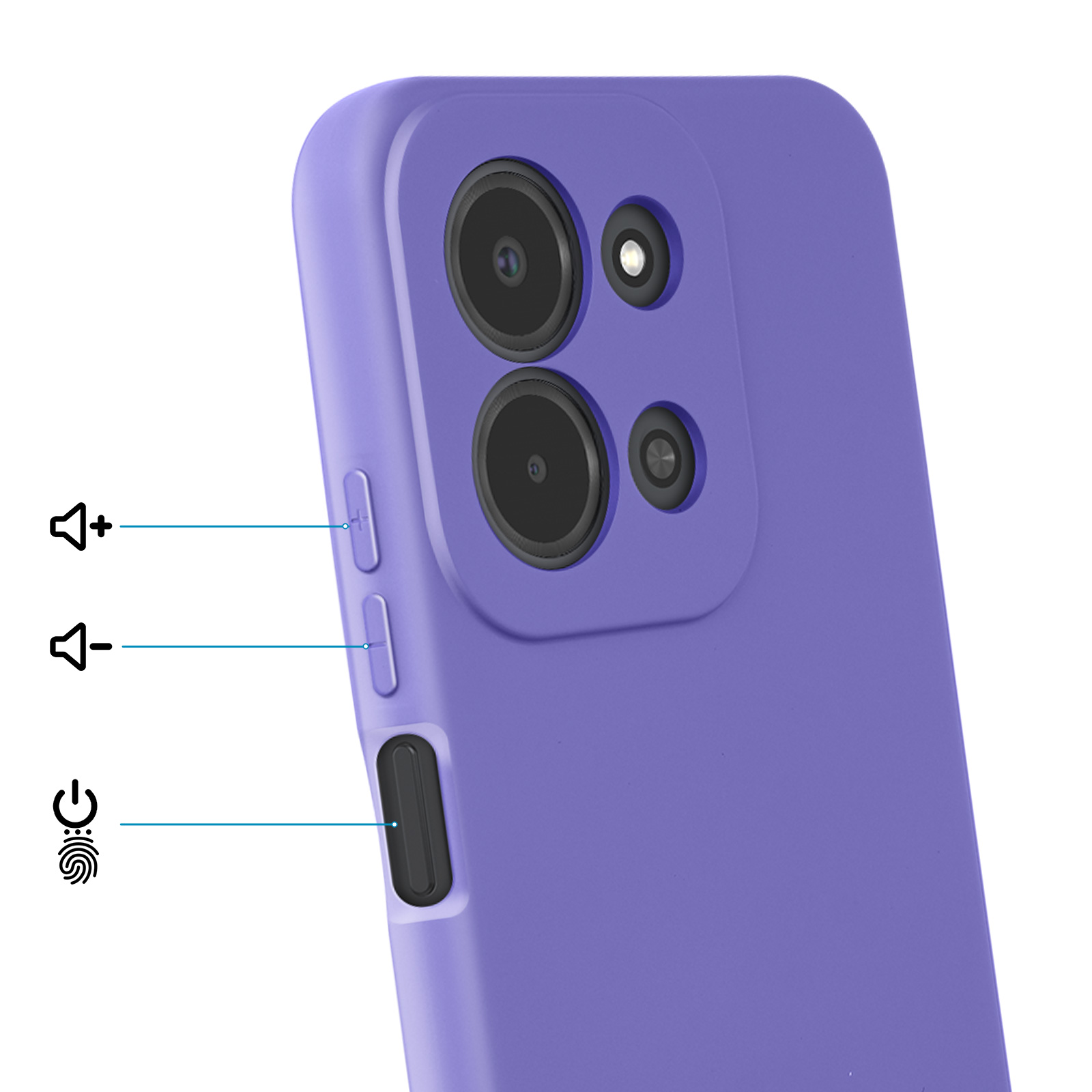 Paarse telefoonhoes met zichtbare volume- en aan/uit-knoppen.