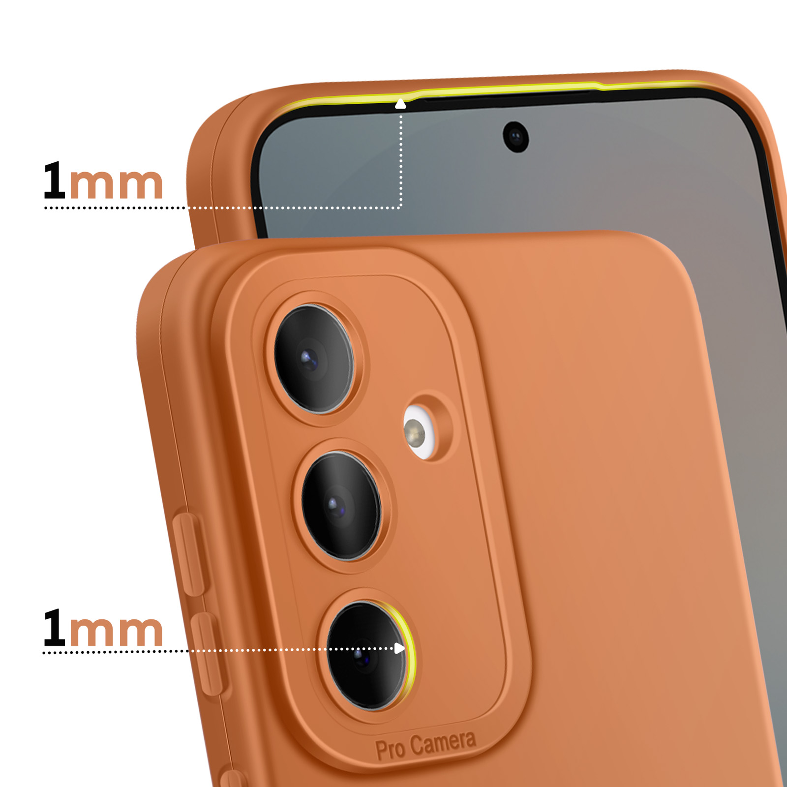 Coque de téléphone orange avec bosse de caméra et bord surélevé.