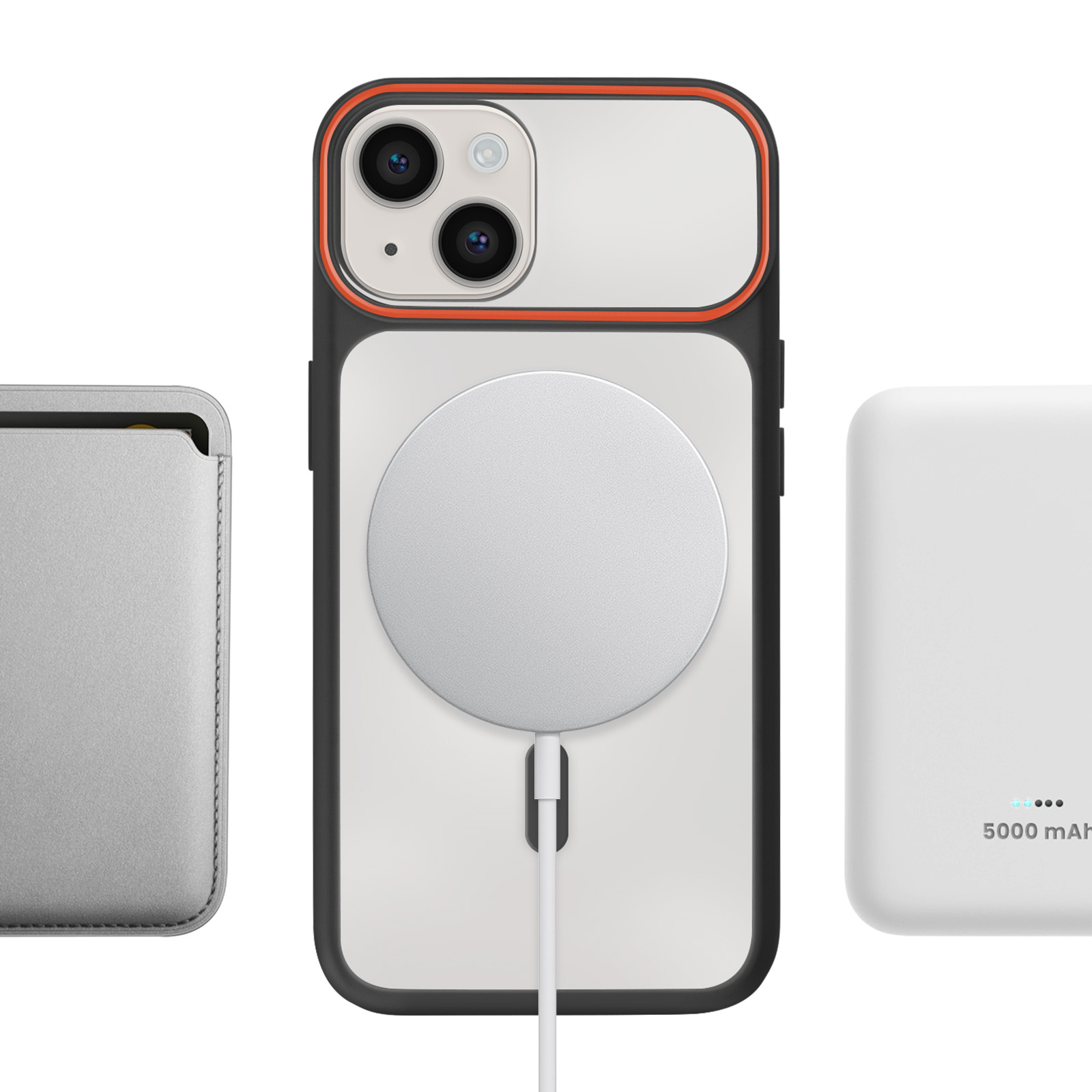 iPhone avec étui, chargeur MagSafe et batterie externe sur fond blanc.