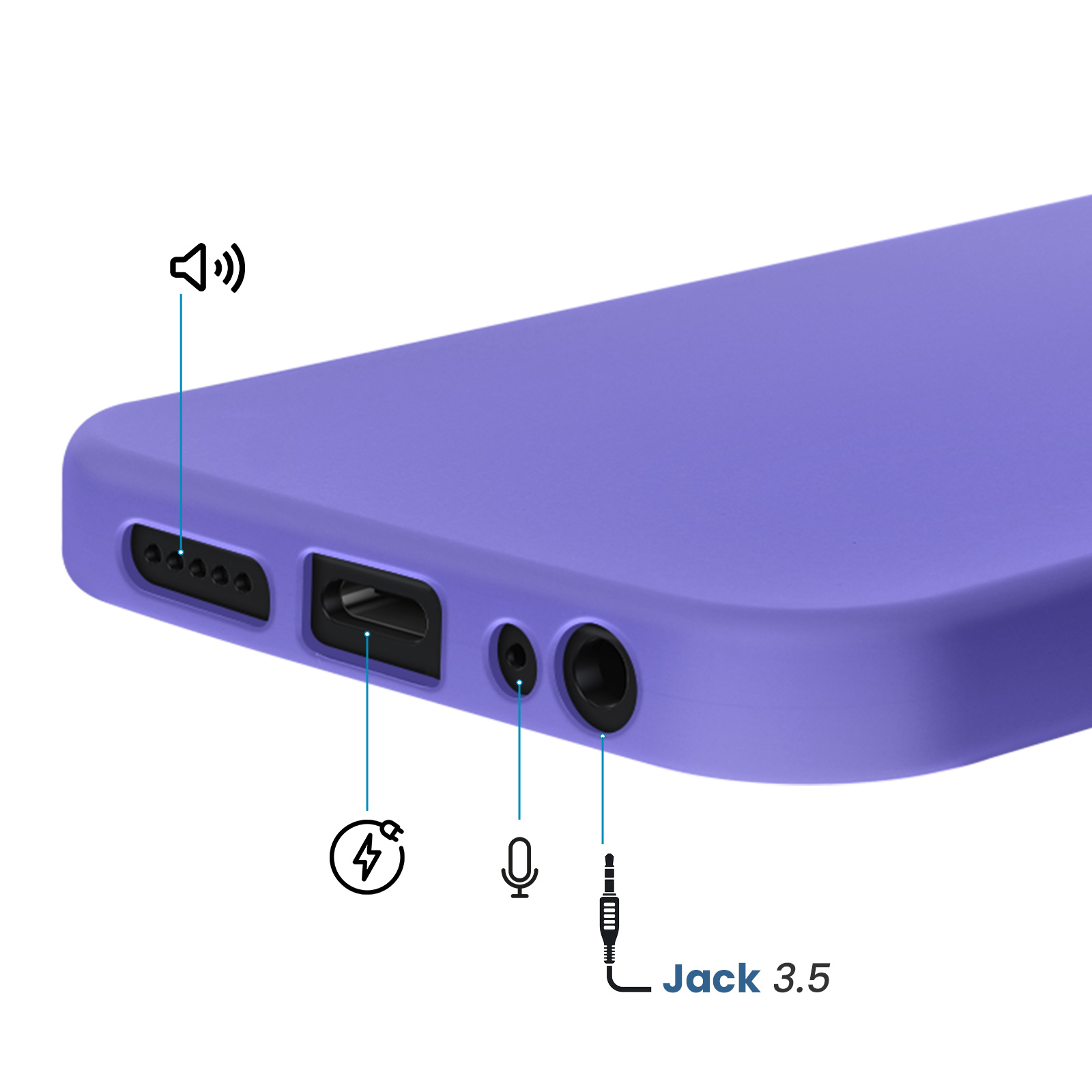 Paarse hoes met poorten: luidspreker, opladen, microfoon en 3,5 mm jack.