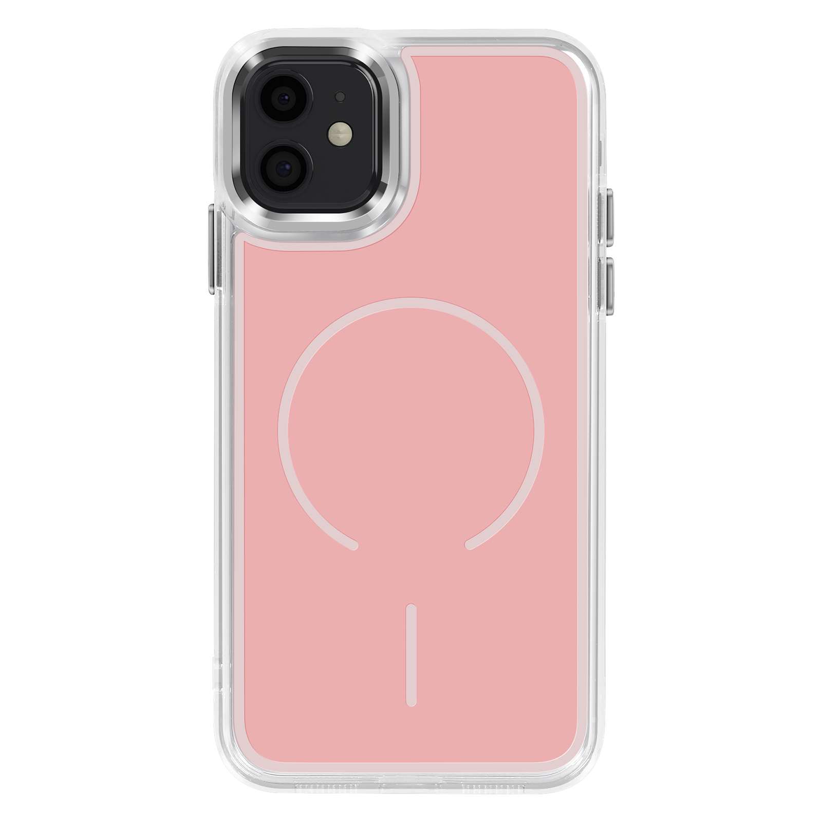 Arrière d'un iPhone rose dans un étui transparent avec double appareil photo.